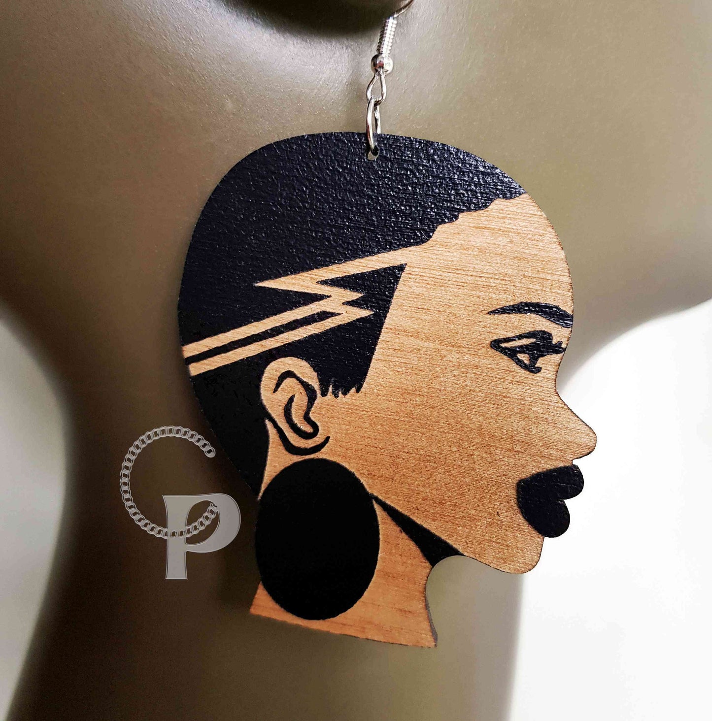 African wooden earrings Afro woman silhouette engraved natural hair locs ethnic jewelry