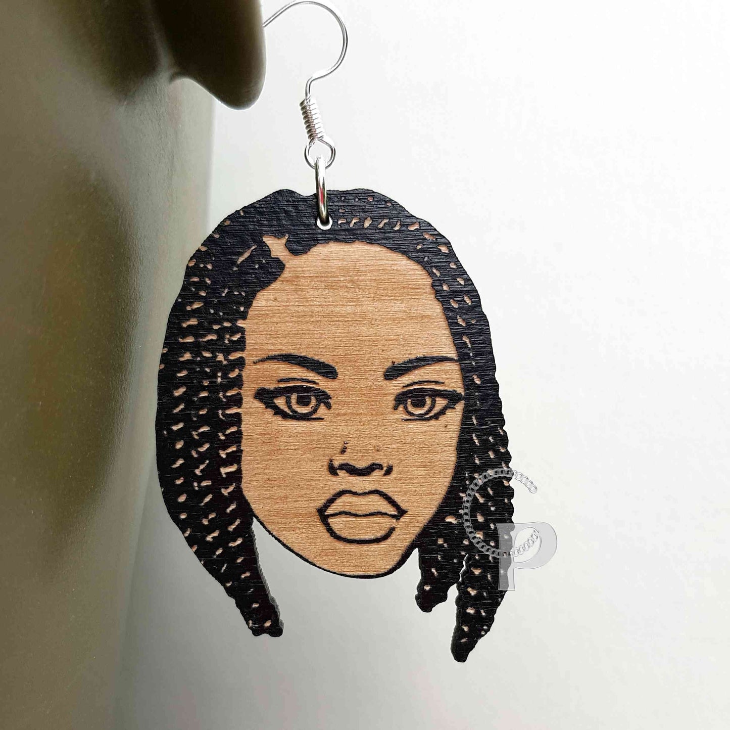 African wooden earrings Afro woman silhouette engraved natural hair locs ethnic jewelry