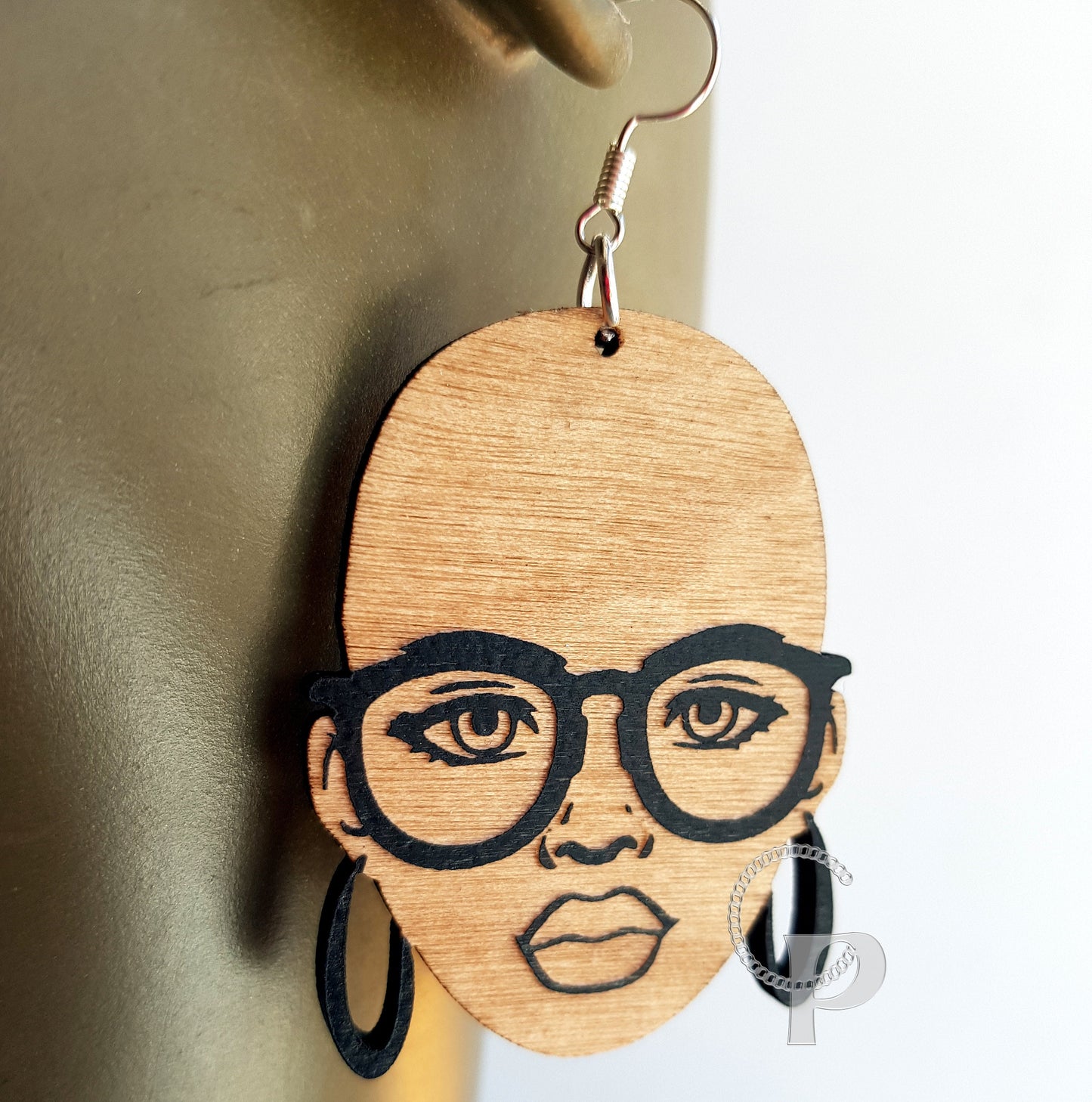 African earrings bald woman wooden and double sided Afrocentric jewelry with glasses in black