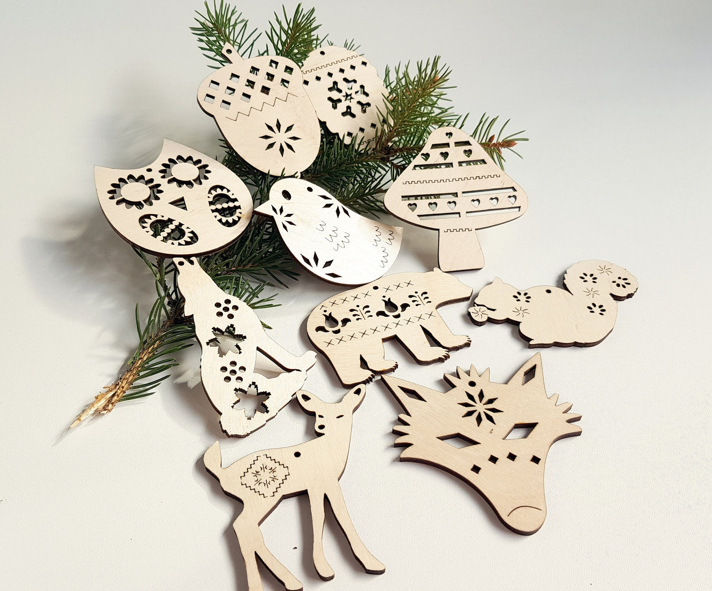 Wooden Nordic Scandi animals ornaments scandinavian folk pattern simple natural wood Christmas crafts decoration 10 pieces