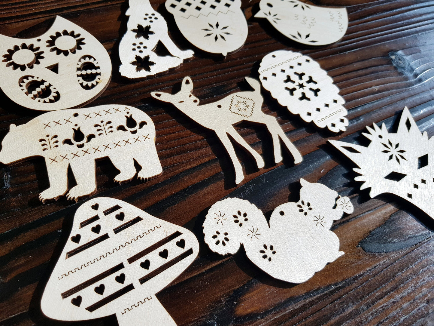 Wooden Nordic Scandi animals ornaments scandinavian folk pattern simple natural wood Christmas crafts decoration 10 pieces