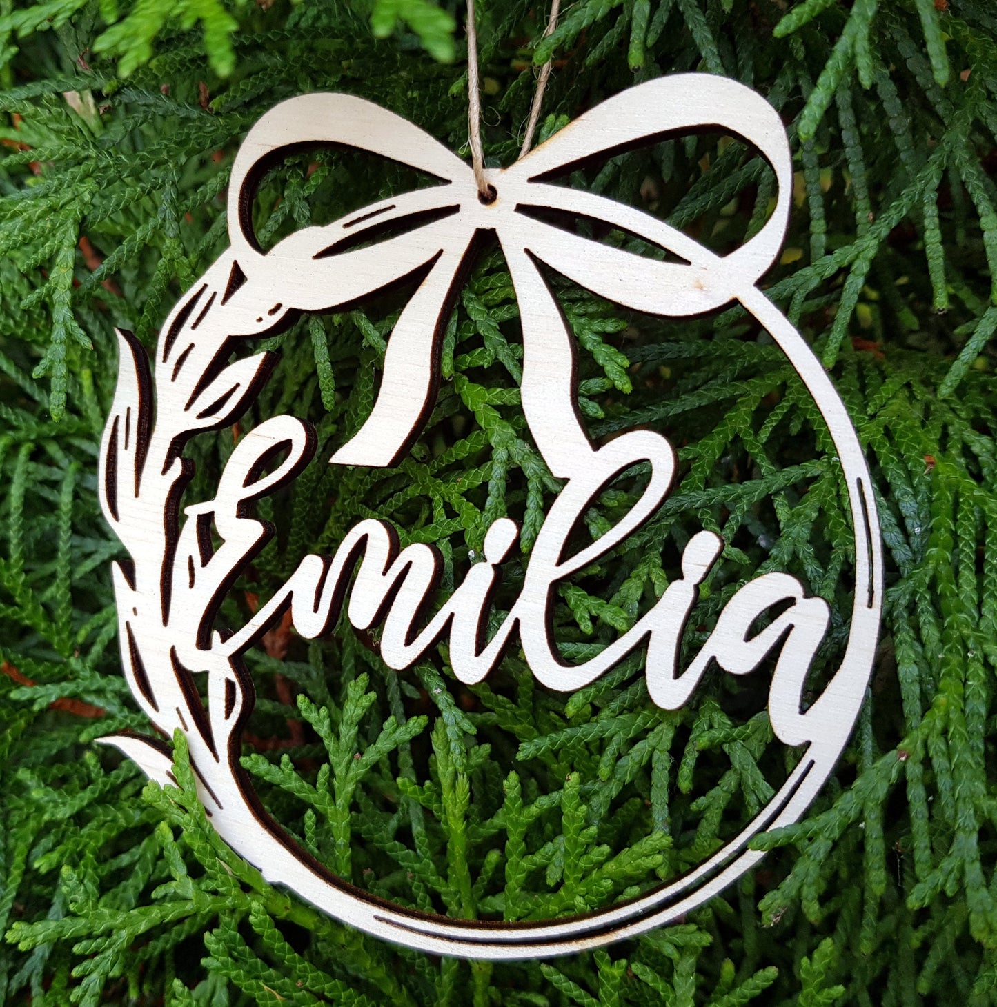 Personalized wooden ornament with any name laser cut first Christmas custom bauble gift natural