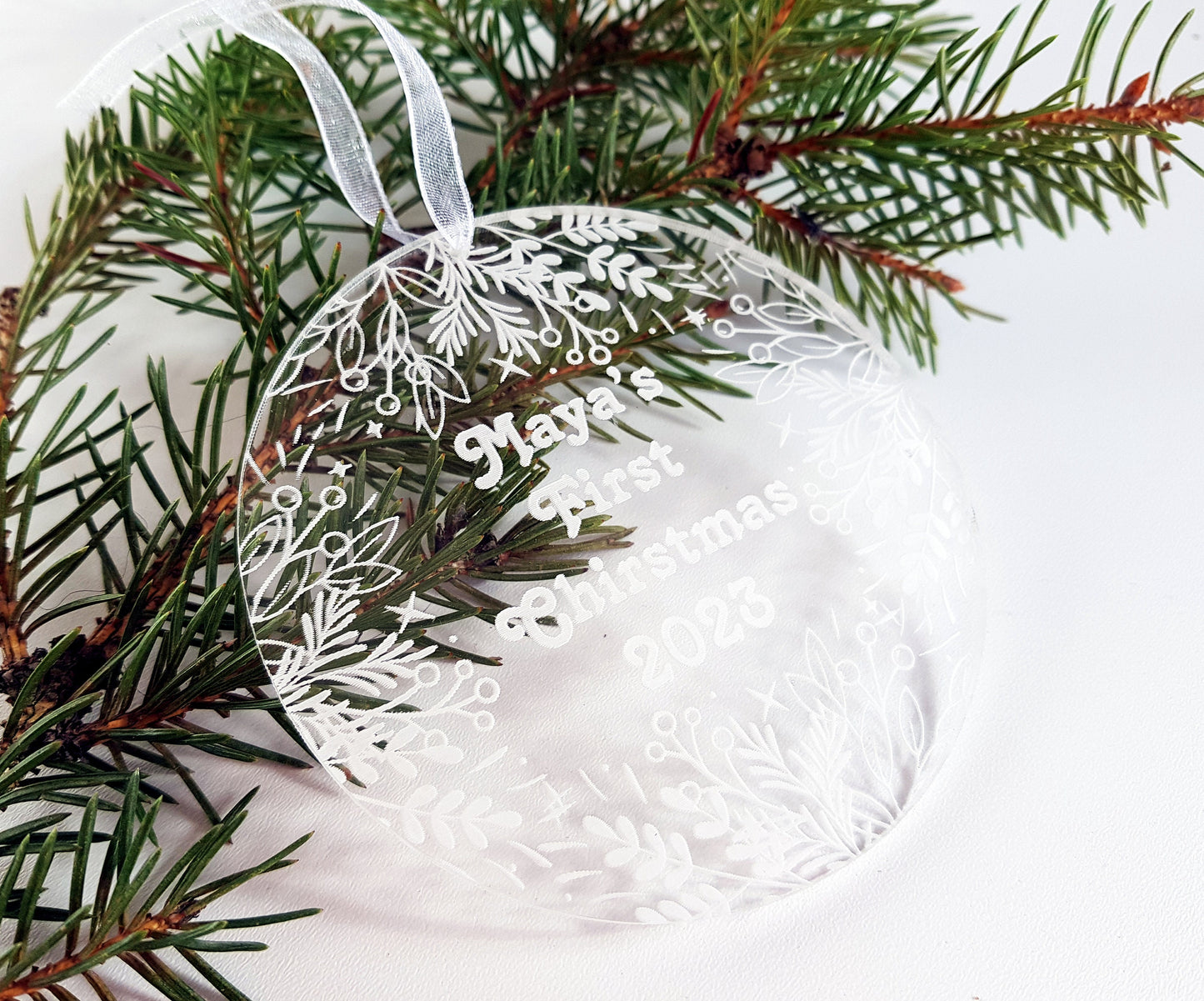 First Christmas engraved ornament personalized acrylic bauble with custom message