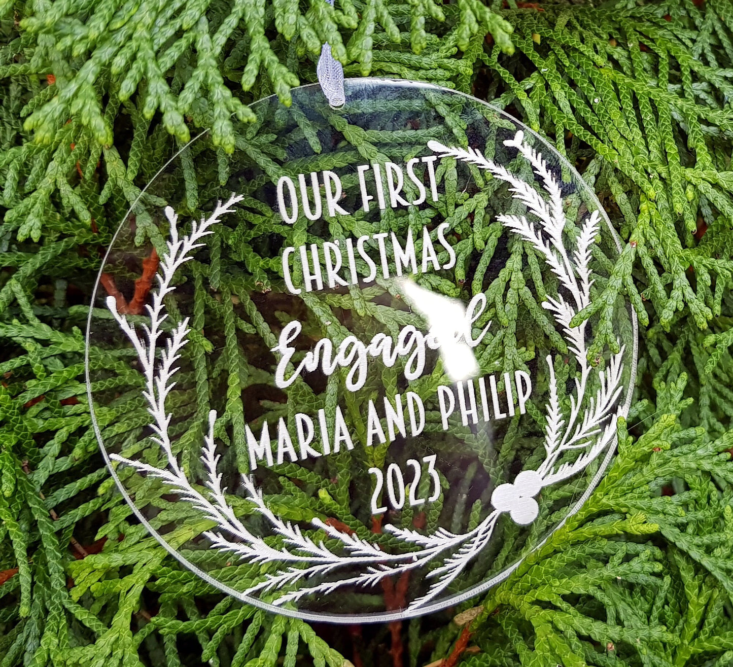 First Christmas ornament engraved personalized acrylic bauble with custom message engaged, married, baby