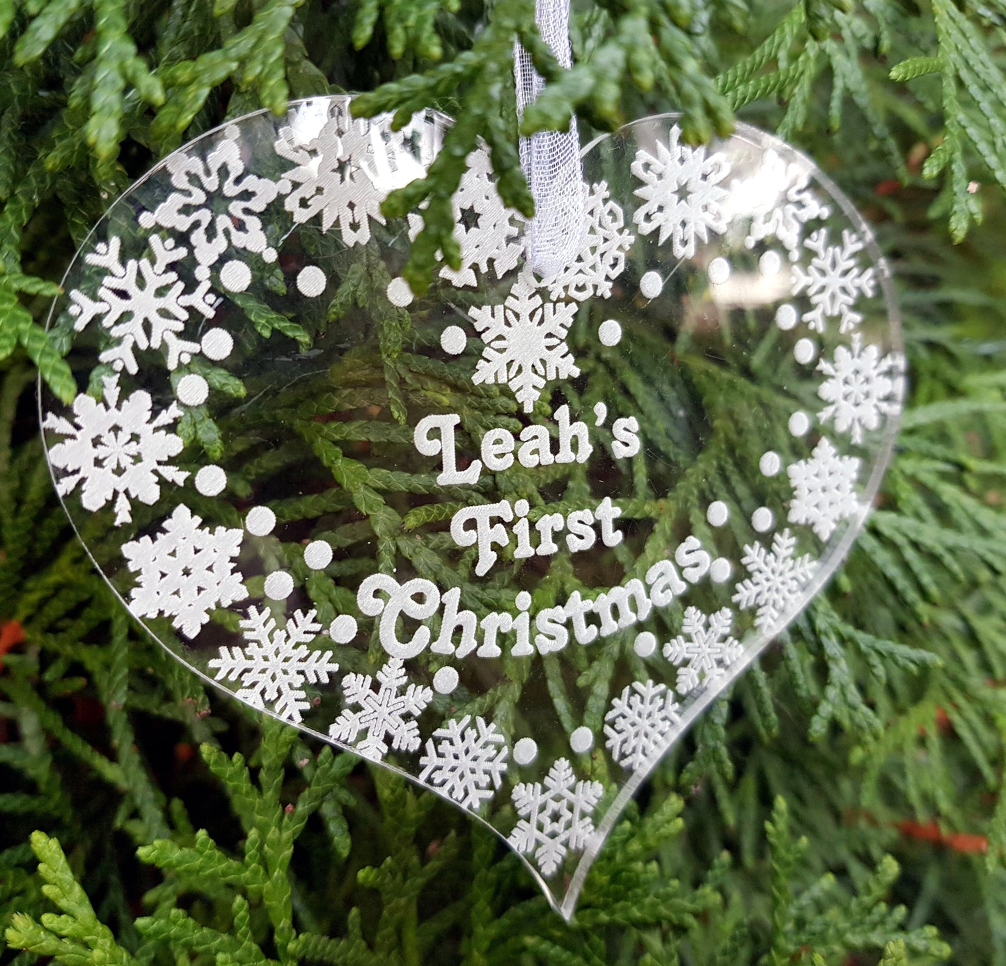 Heart Christmas ornament personalized acrylic bauble with custom message First Christmas