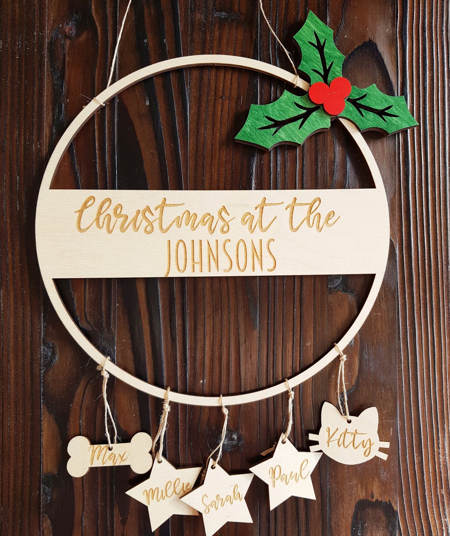 Minimalist Christmas wreath custom faimly decor simple natural wood personalized wooden hoop boho style