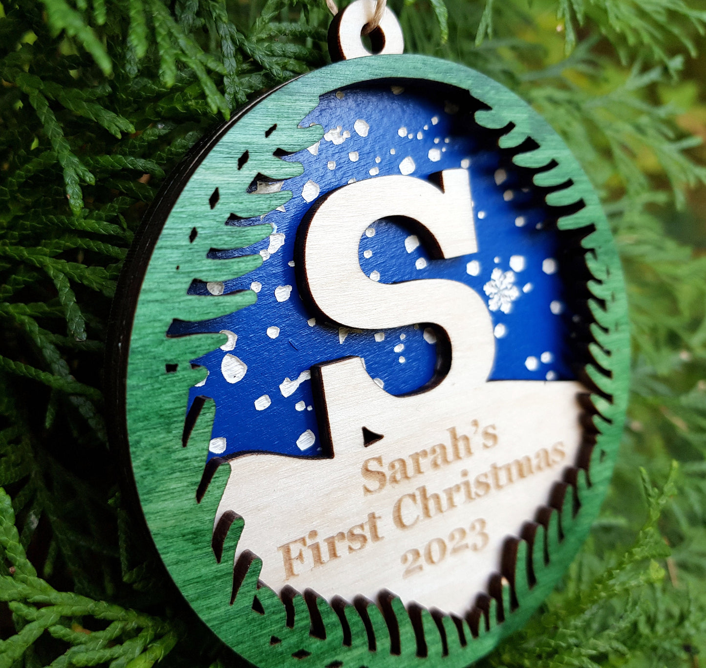 Personalized wooden ornament baby's first Christmas gift custom name initial monogram