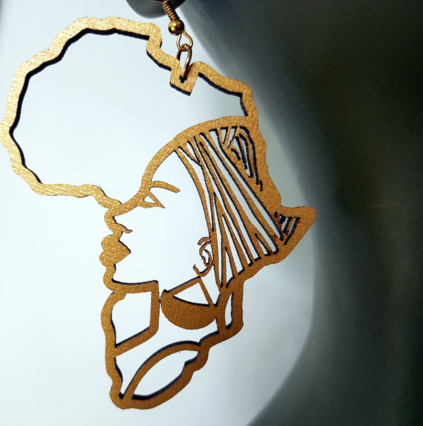 Africa map earrings natural wood tribal woman girl in gold silver black white
