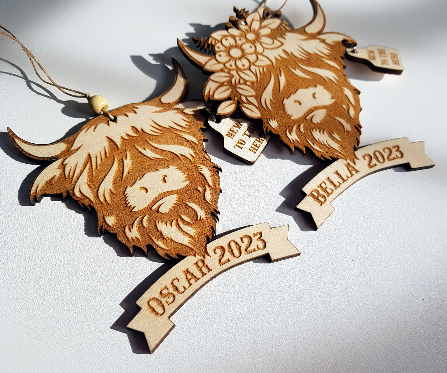 Baby's first ornament personalized wooden hightland cow with any name laser cut custom new to the herd gift