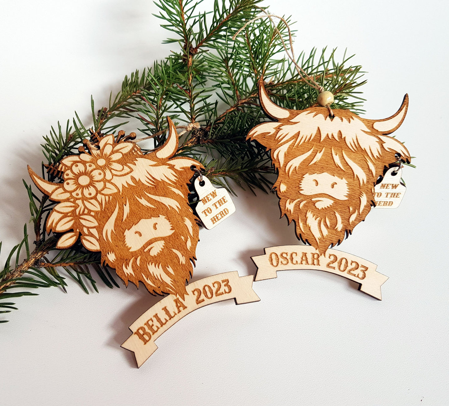 Baby's first ornament personalized wooden hightland cow with any name laser cut custom new to the herd gift