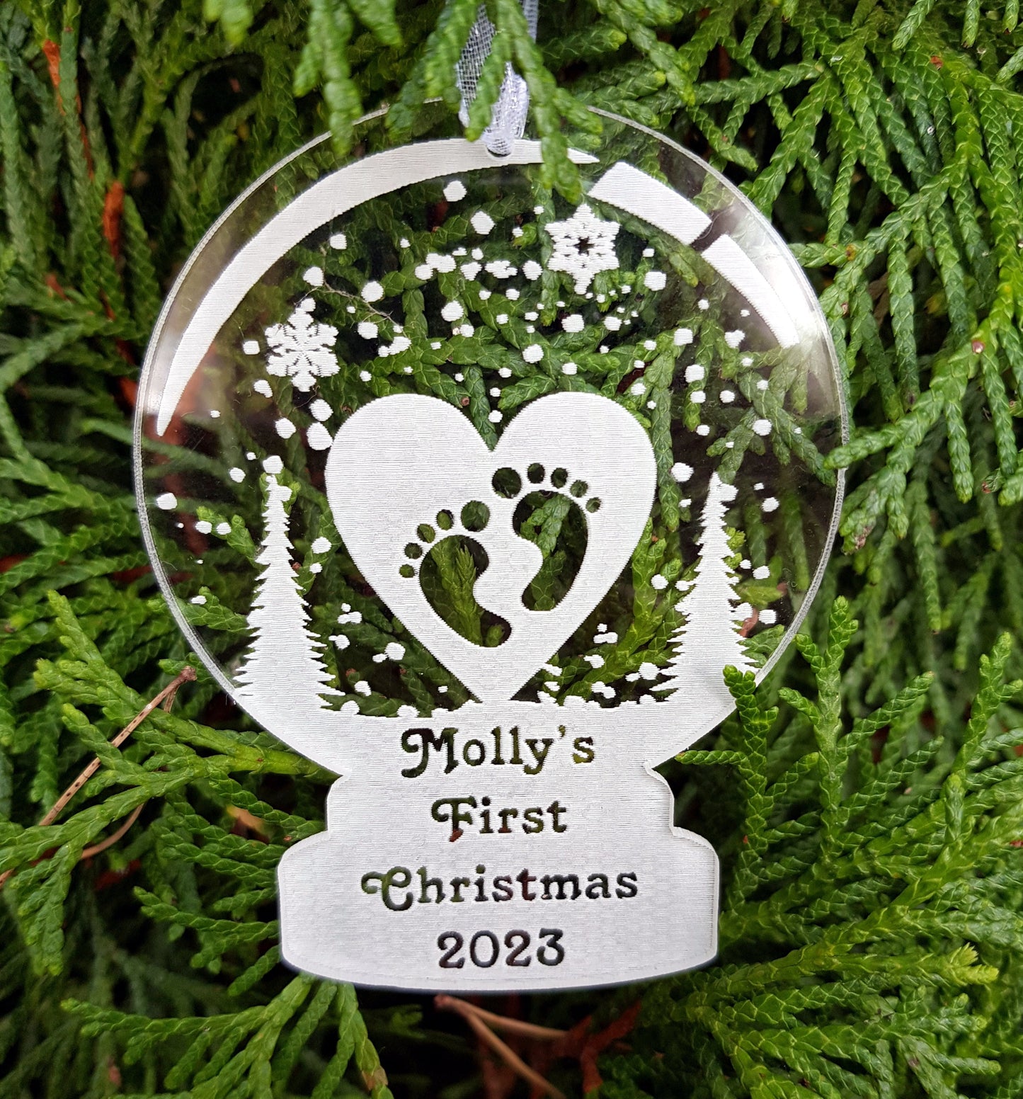 Personalized custom ornament bauble snow globe shape first Christmas married, engaged, bunny, tree ornament decorations Xmas any message