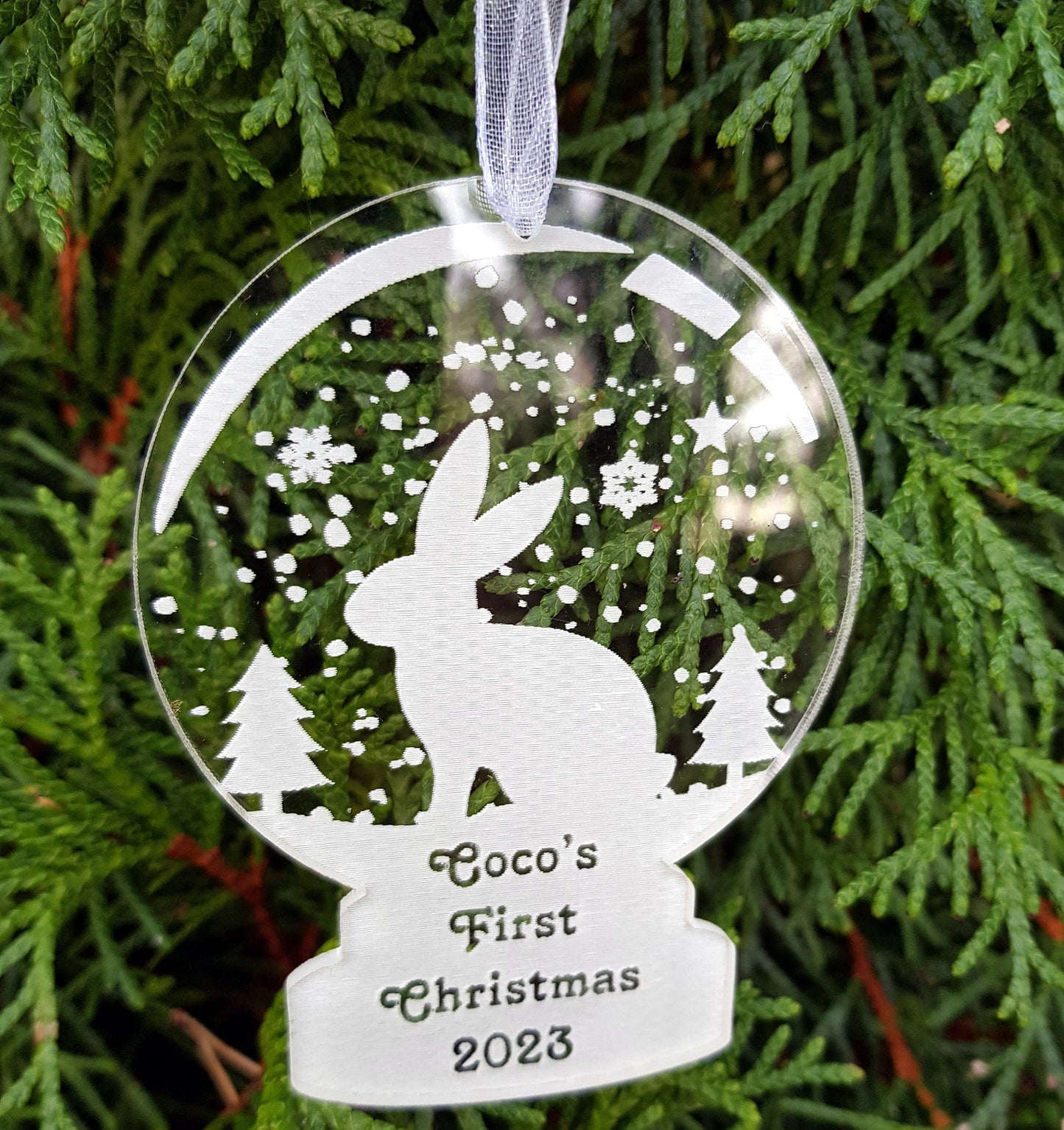 Personalized custom ornament bauble snow globe shape first Christmas married, engaged, bunny, tree ornament decorations Xmas any message