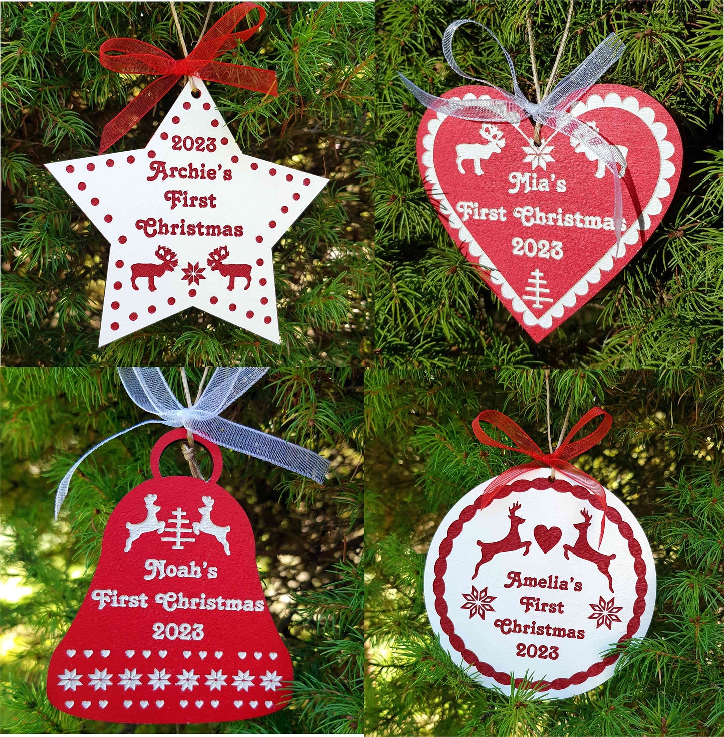 Personalized Scandi wooden ornament baby's first Christmas gift custom name any text Noirdic style handpainted engraved red and white