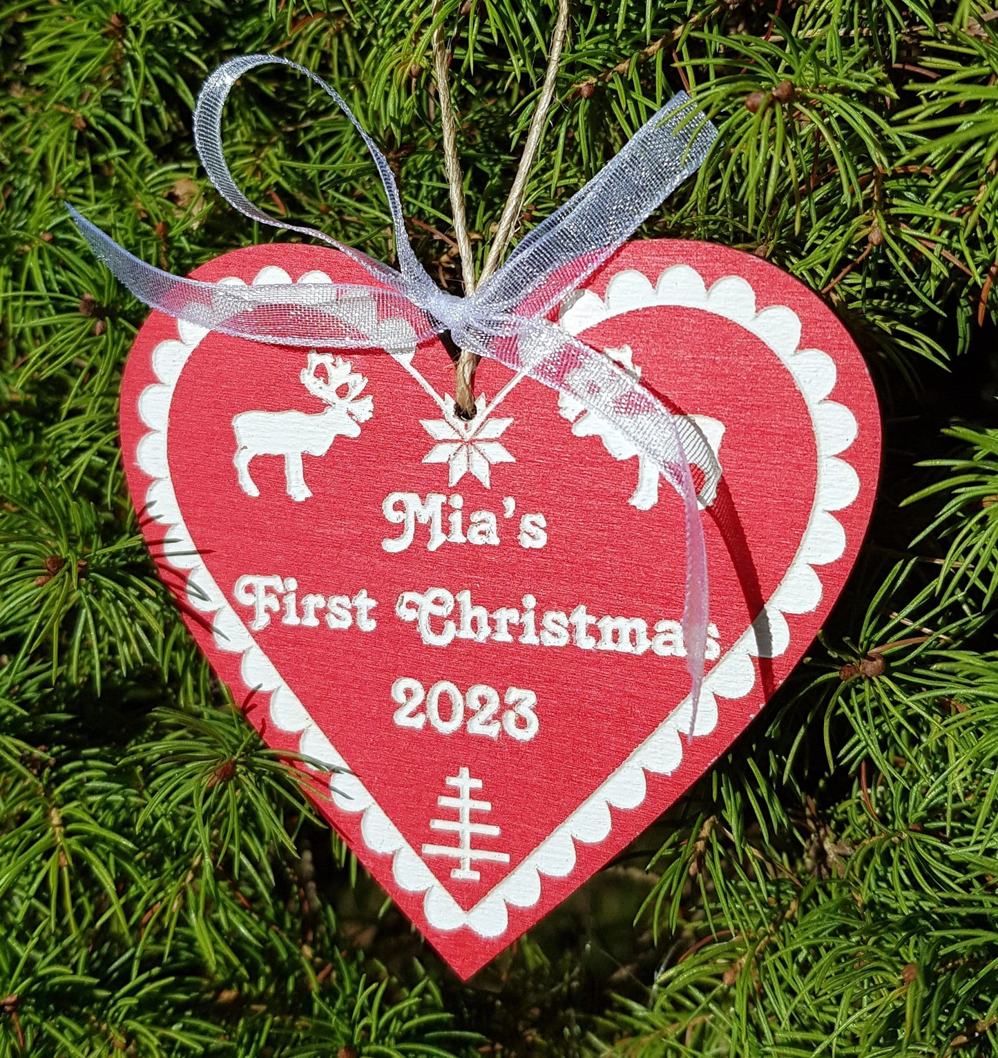 Personalized Scandi wooden ornament baby's first Christmas gift custom name any text Noirdic style handpainted engraved red and white