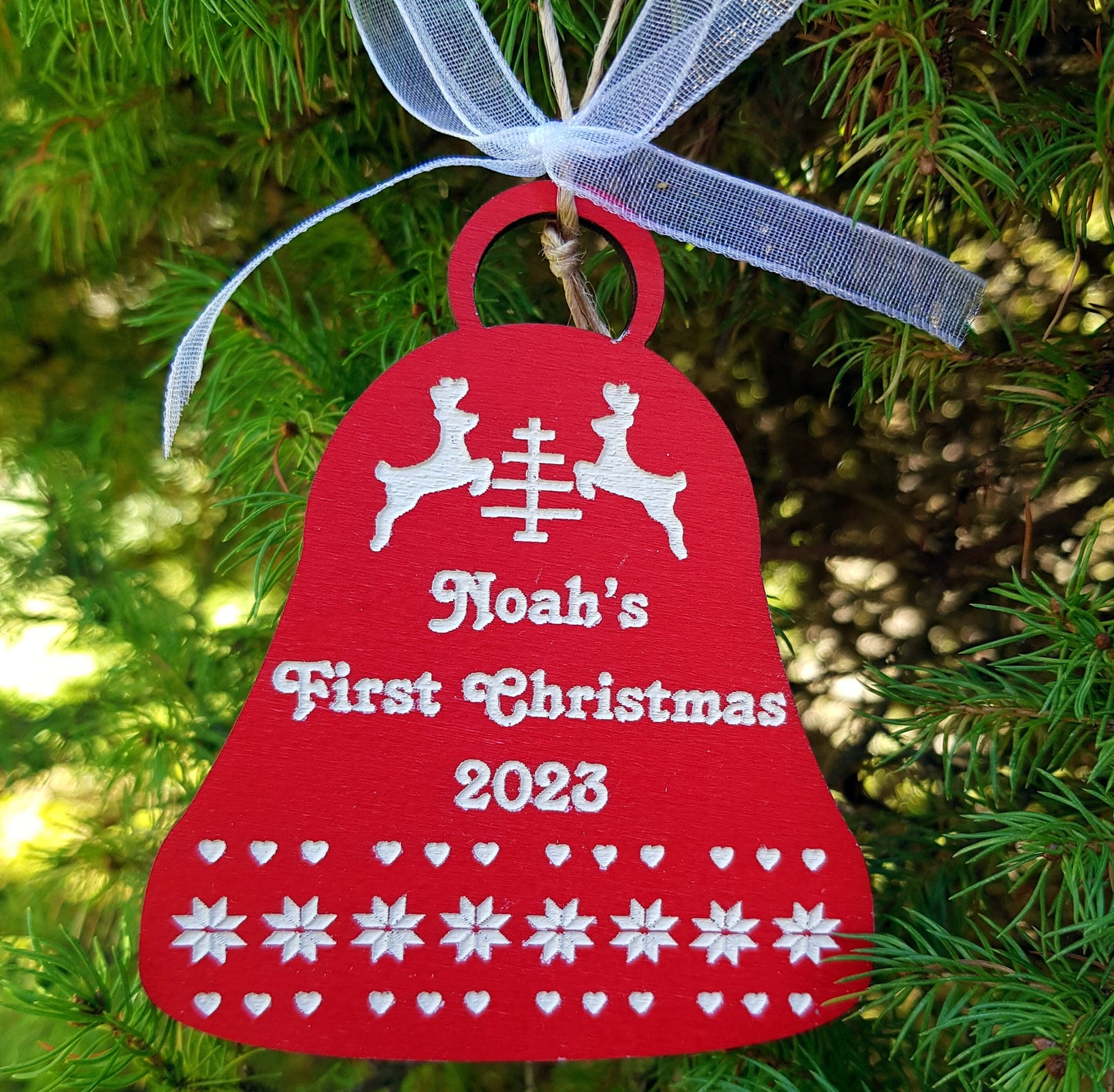 Personalized Scandi wooden ornament baby's first Christmas gift custom name any text Noirdic style handpainted engraved red and white