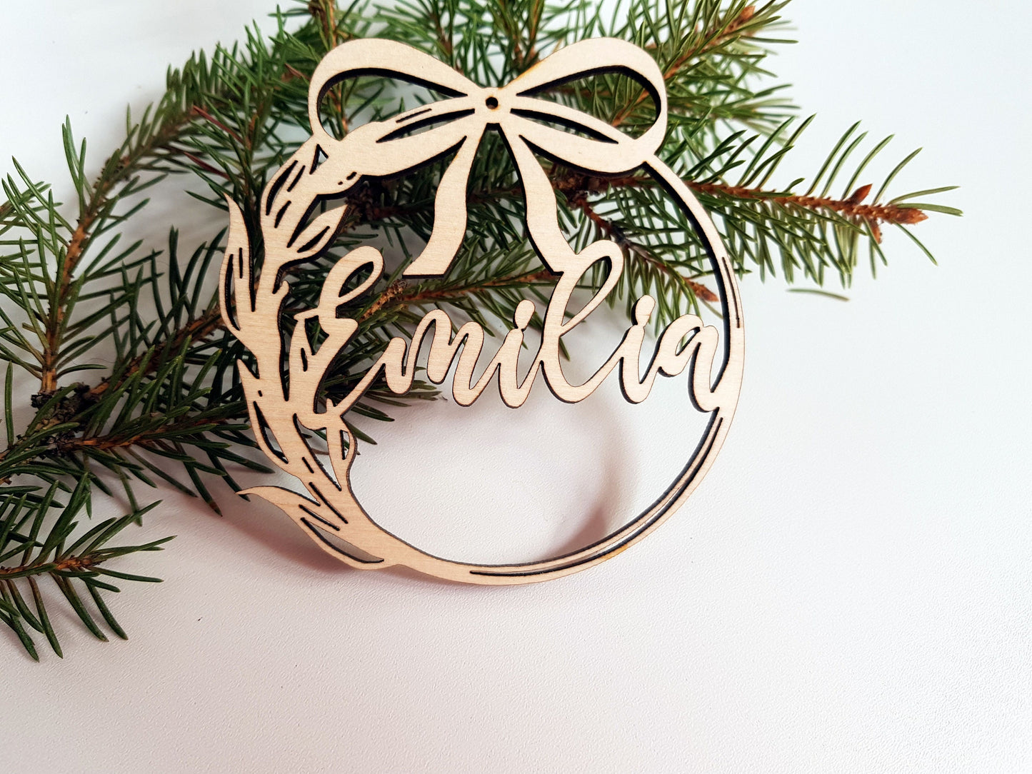 Personalized wooden ornament with any name laser cut first Christmas custom bauble gift natural