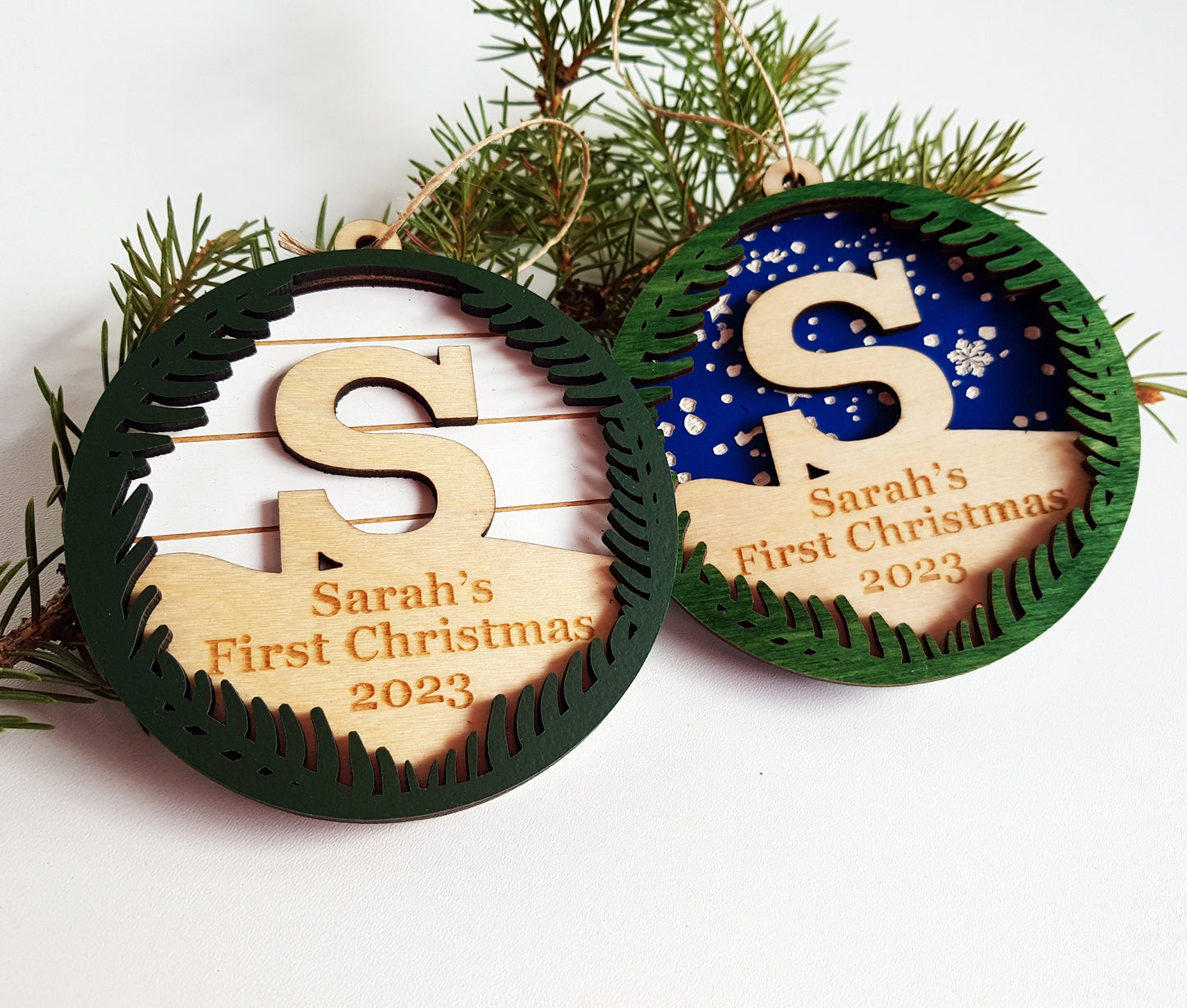 Personalized wooden ornament baby's first Christmas gift custom name initial monogram