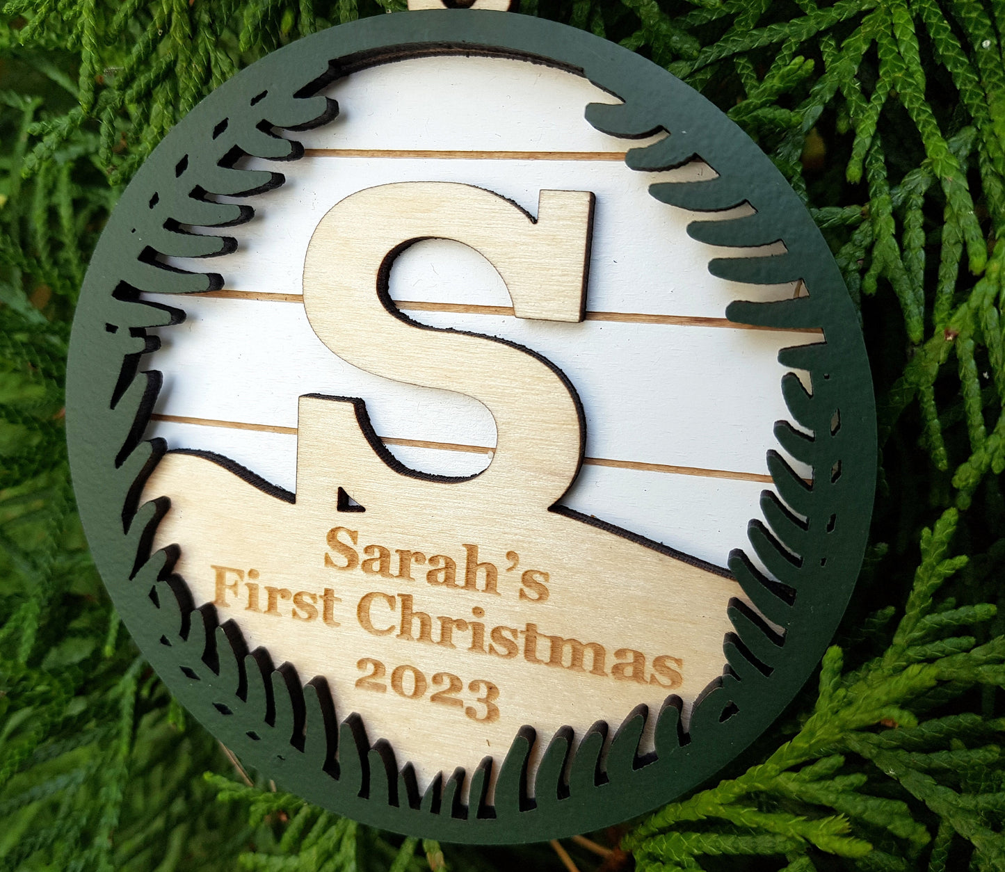Personalized wooden ornament baby's first Christmas gift custom name initial monogram