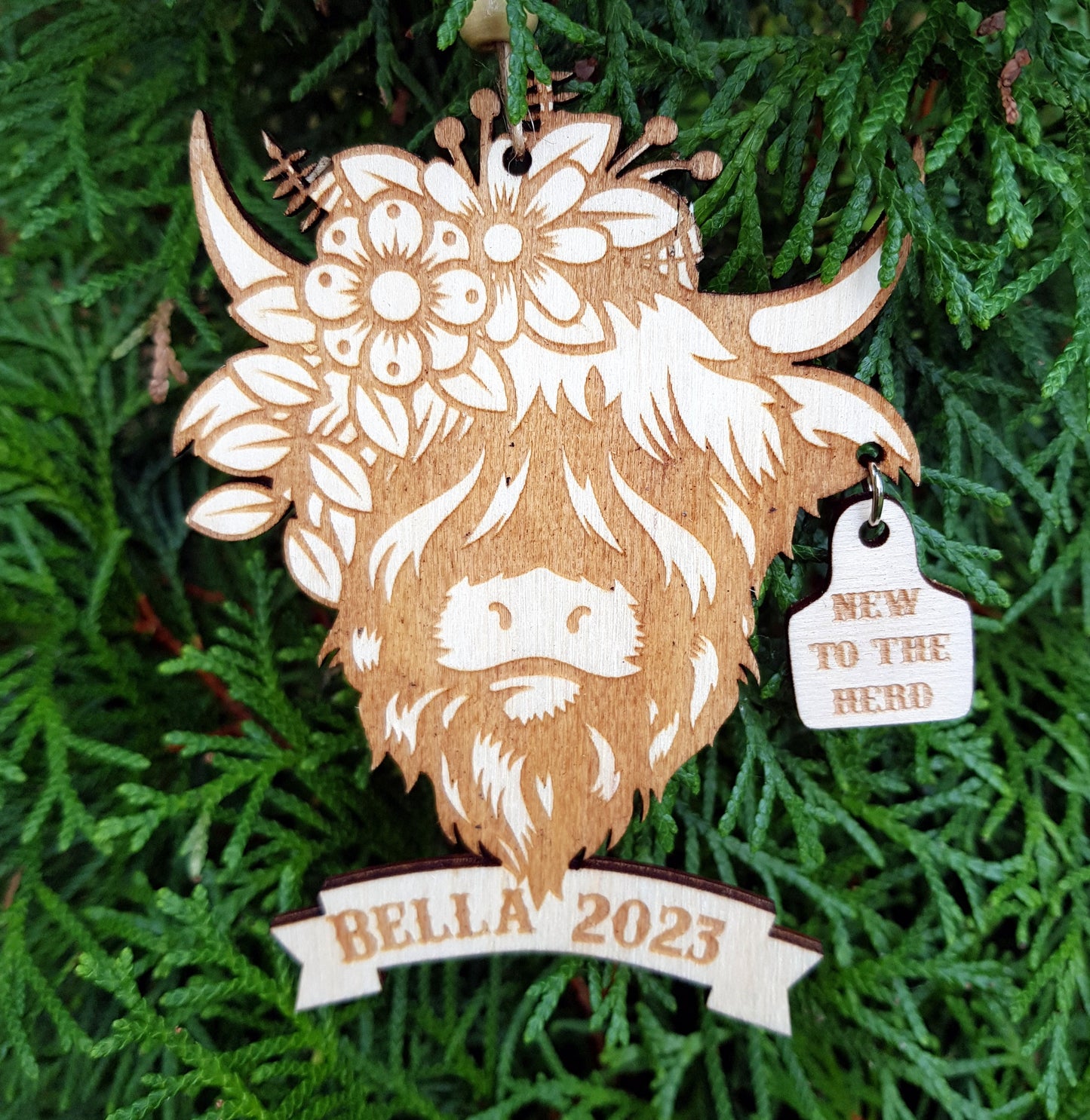 Baby's first ornament personalized wooden hightland cow with any name laser cut custom new to the herd gift