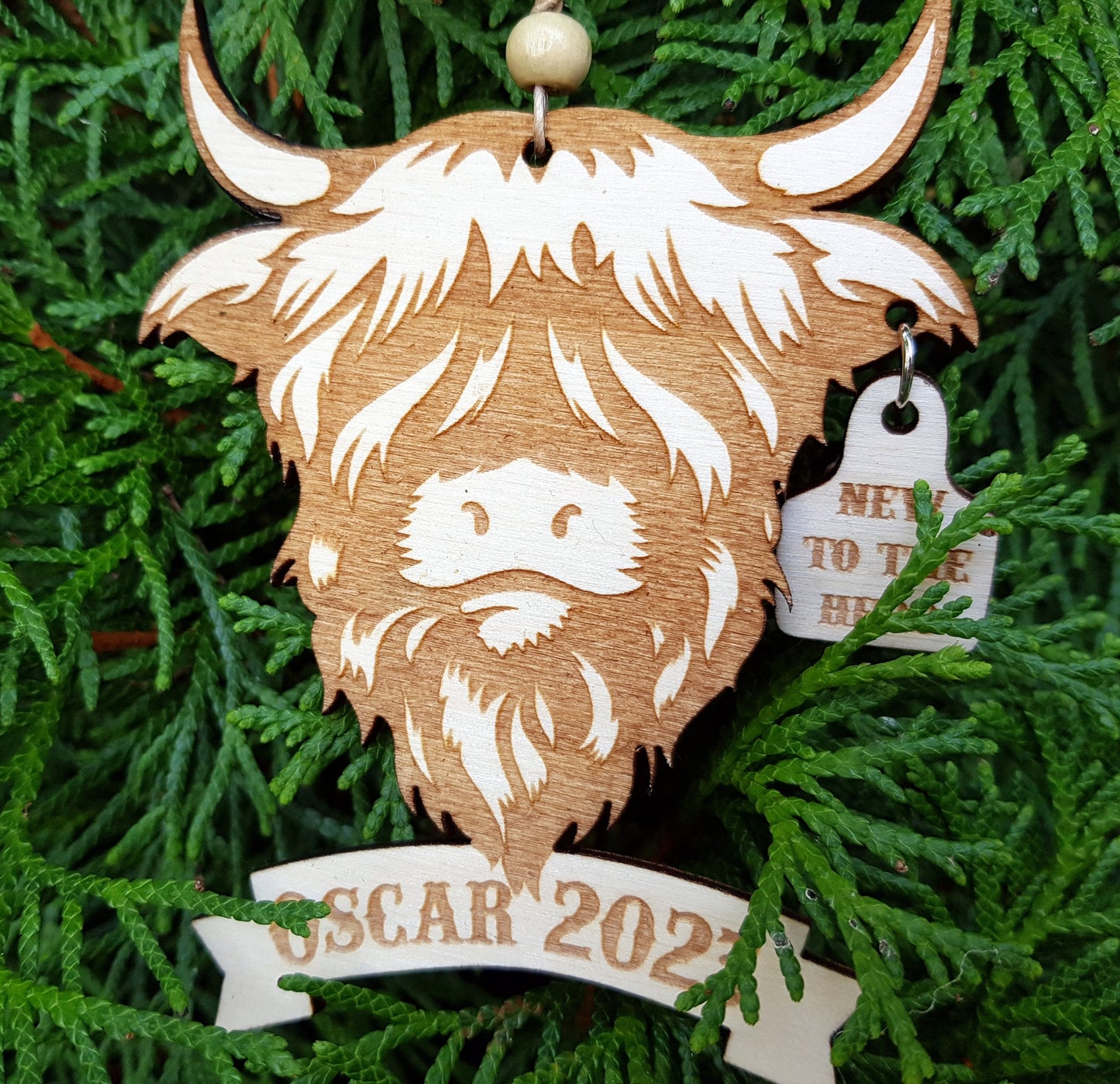 Baby's first ornament personalized wooden hightland cow with any name laser cut custom new to the herd gift