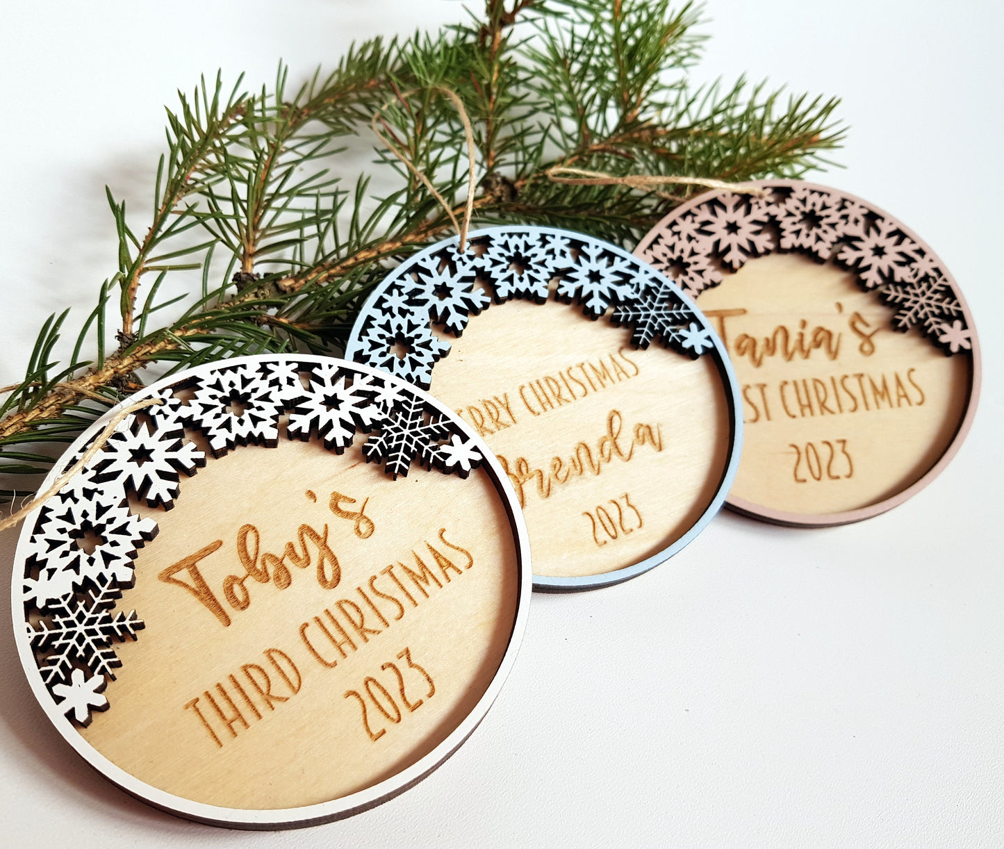 Personalized wooden ornament snowflakes baby's first Christmas gift custom name any text