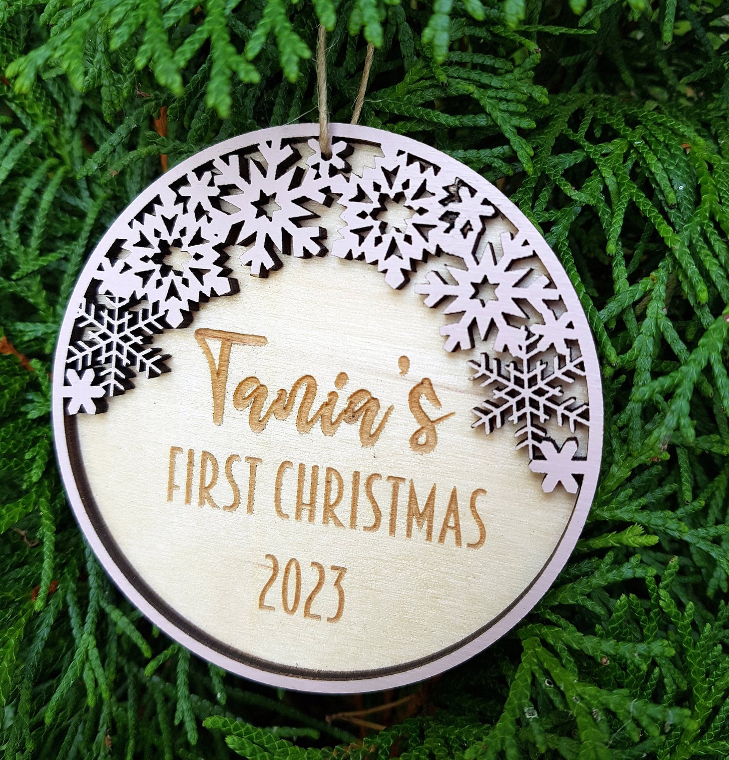 Personalized wooden ornament snowflakes baby's first Christmas gift custom name any text