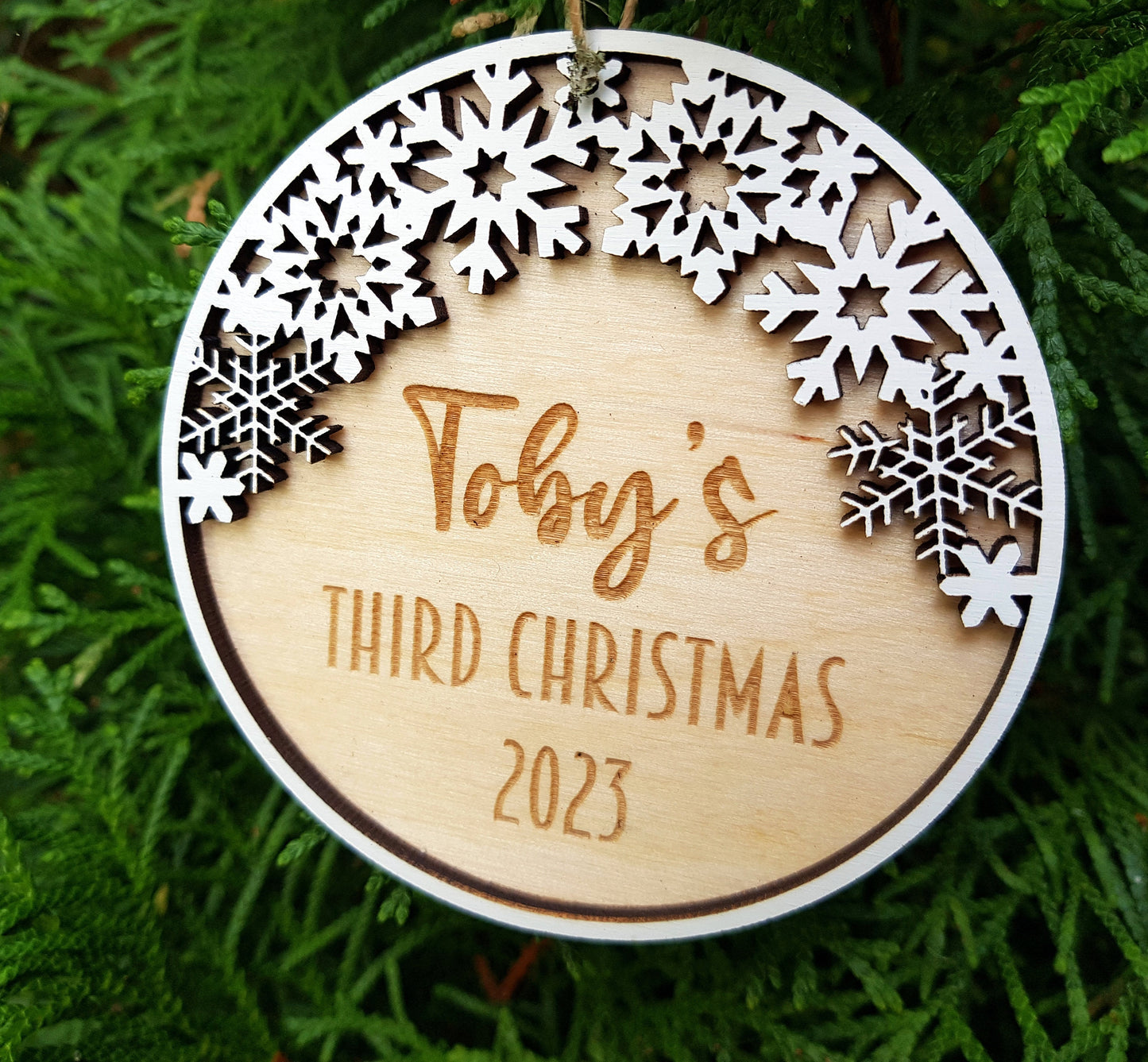Personalized wooden ornament snowflakes baby's first Christmas gift custom name any text