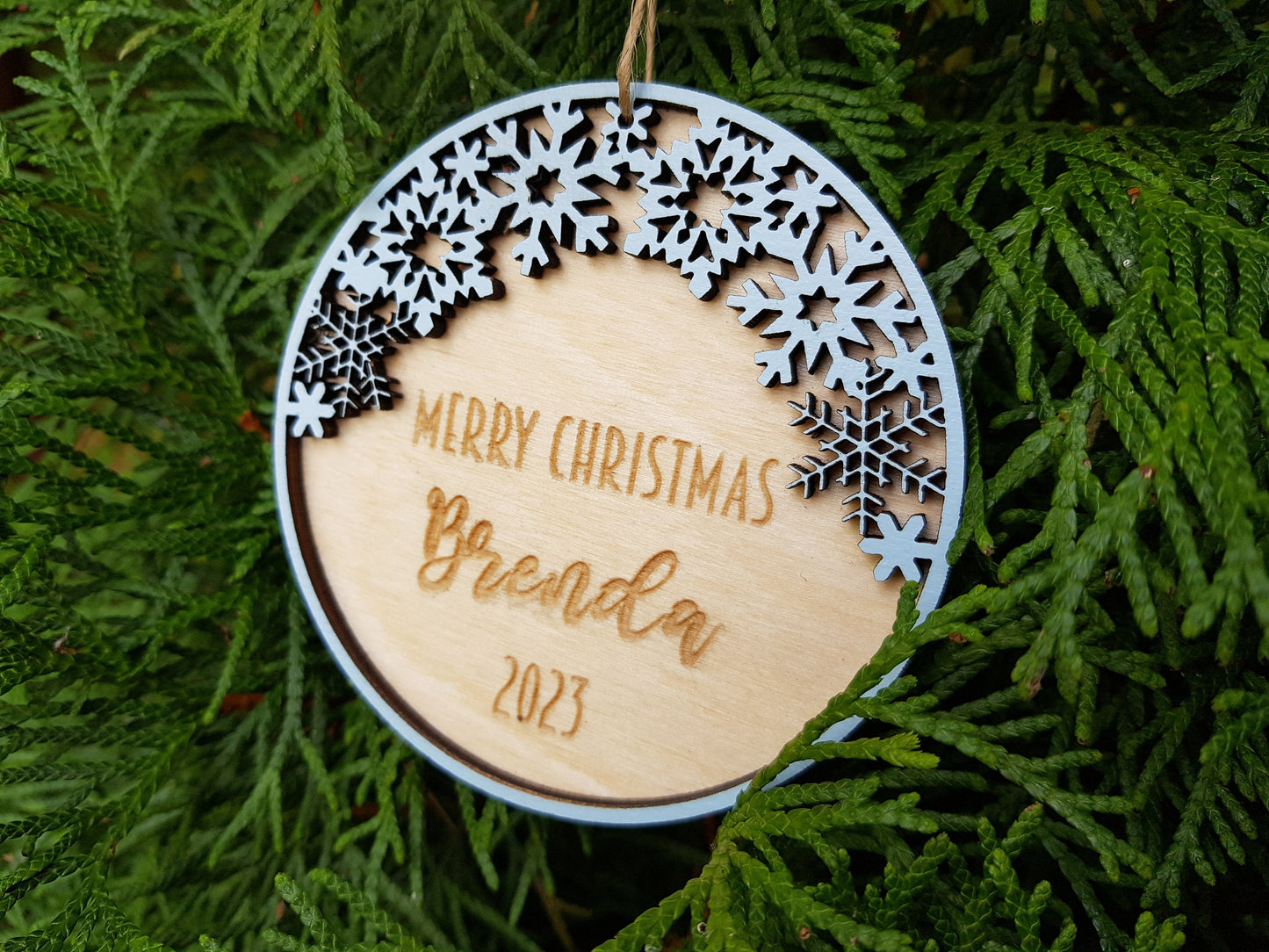 Personalized wooden ornament snowflakes baby's first Christmas gift custom name any text