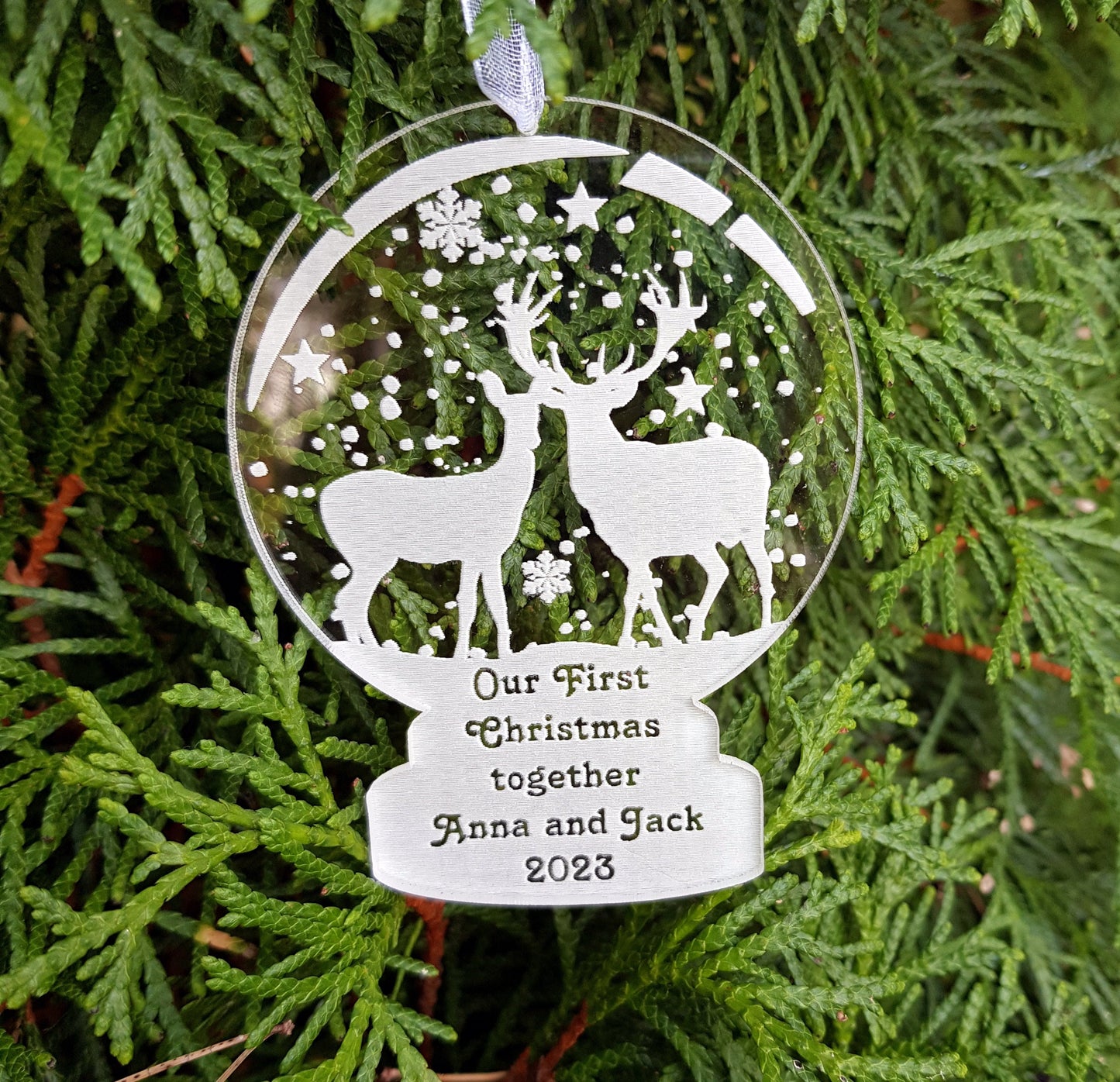 Personalized custom ornament bauble snow globe shape first Christmas married, engaged, bunny, tree ornament decorations Xmas any message