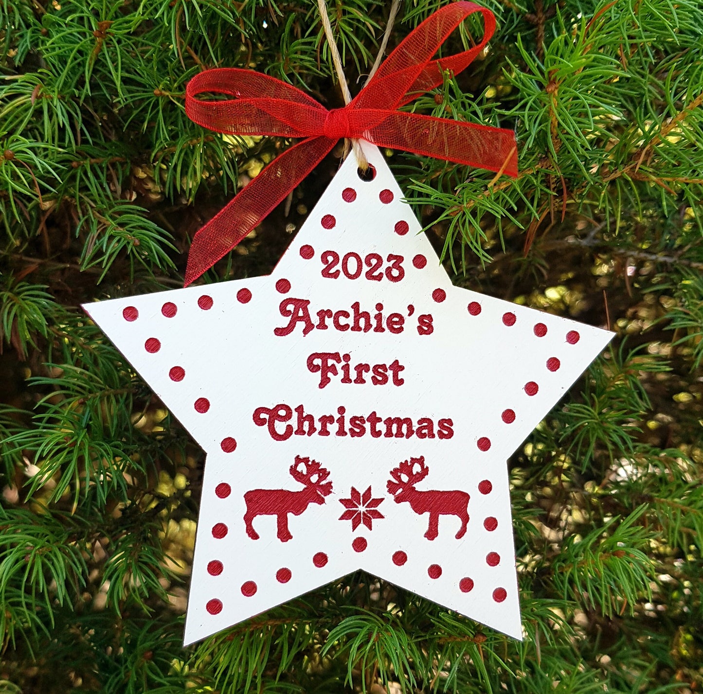 Personalized Scandi wooden ornament baby's first Christmas gift custom name any text Noirdic style handpainted engraved red and white