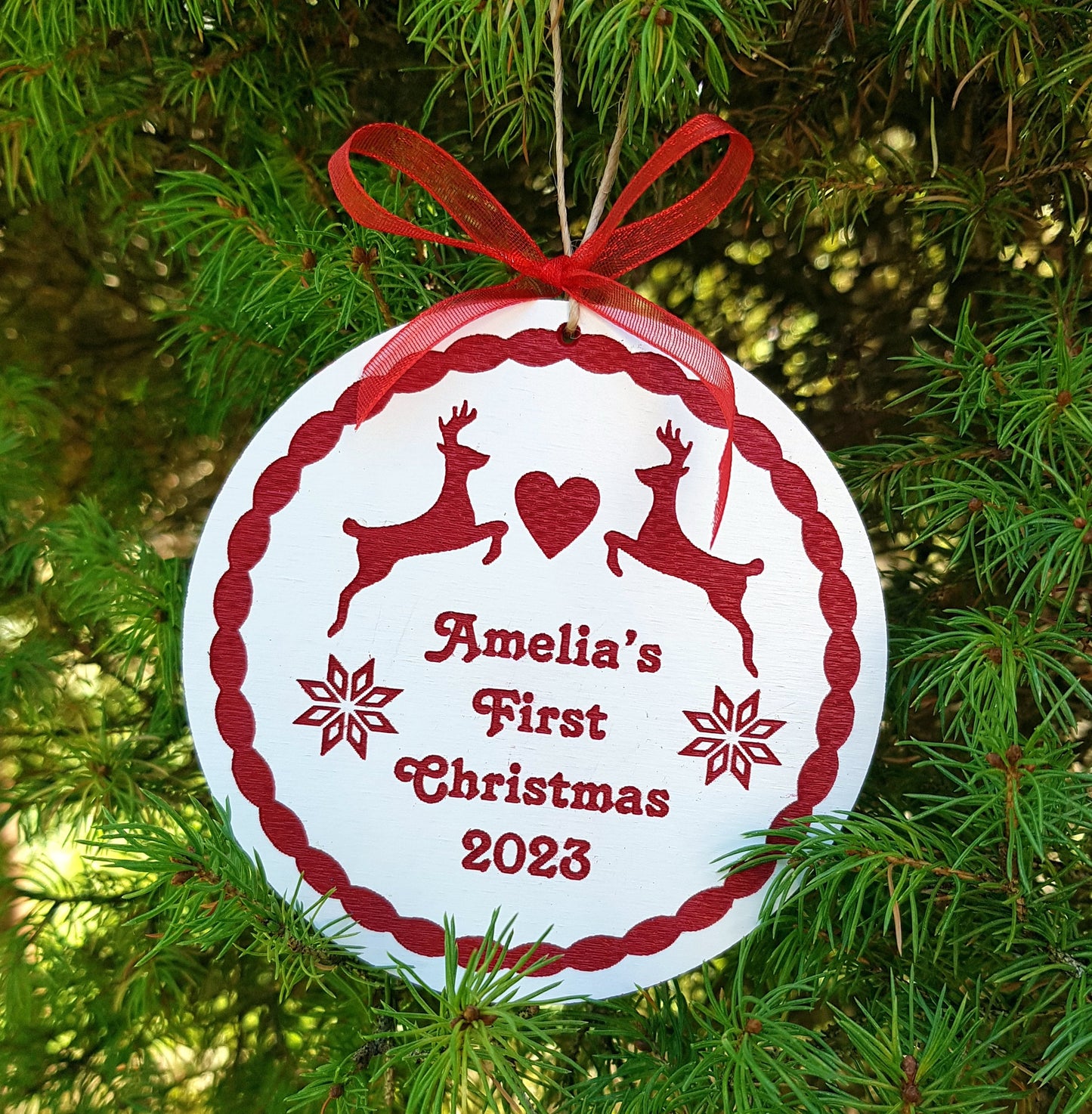 Personalized Scandi wooden ornament baby's first Christmas gift custom name any text Noirdic style handpainted engraved red and white
