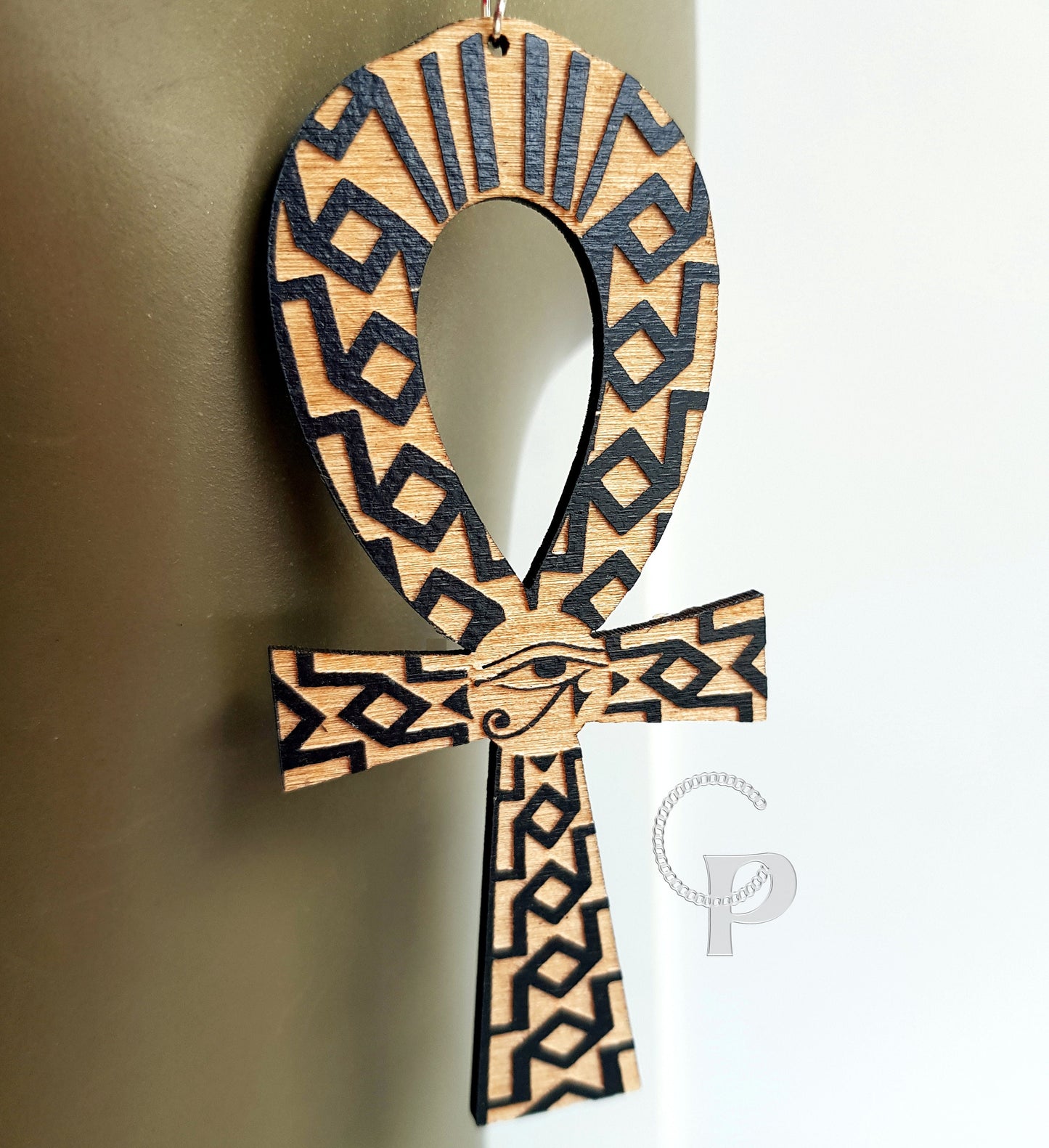 Ankh wooden earrings with engravings black and natural wood Egyptian cross
