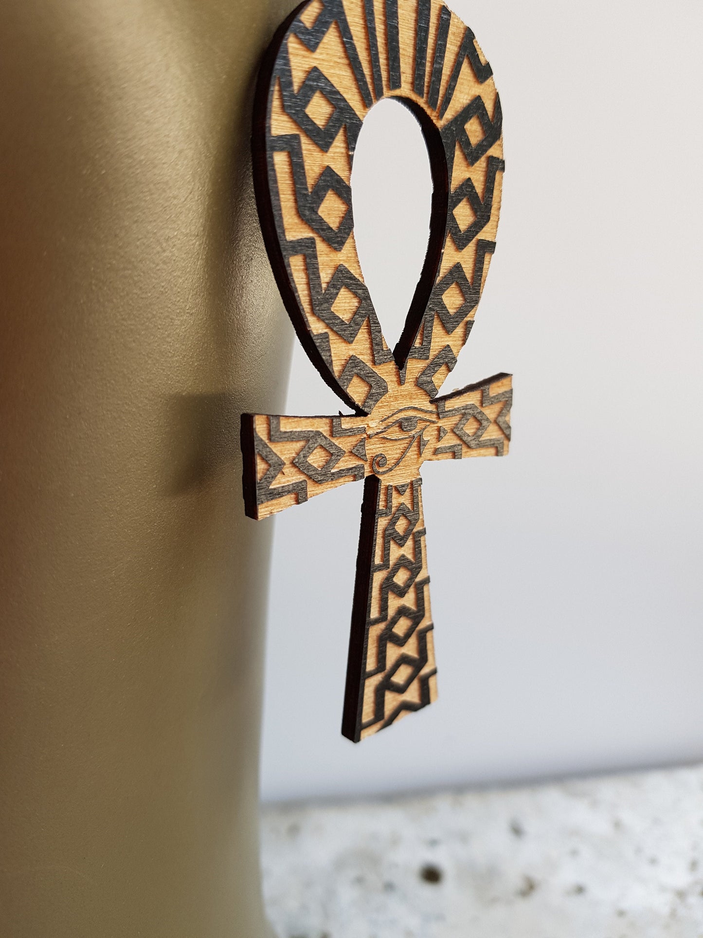 Ankh wooden earrings with engravings black and natural wood Egyptian cross
