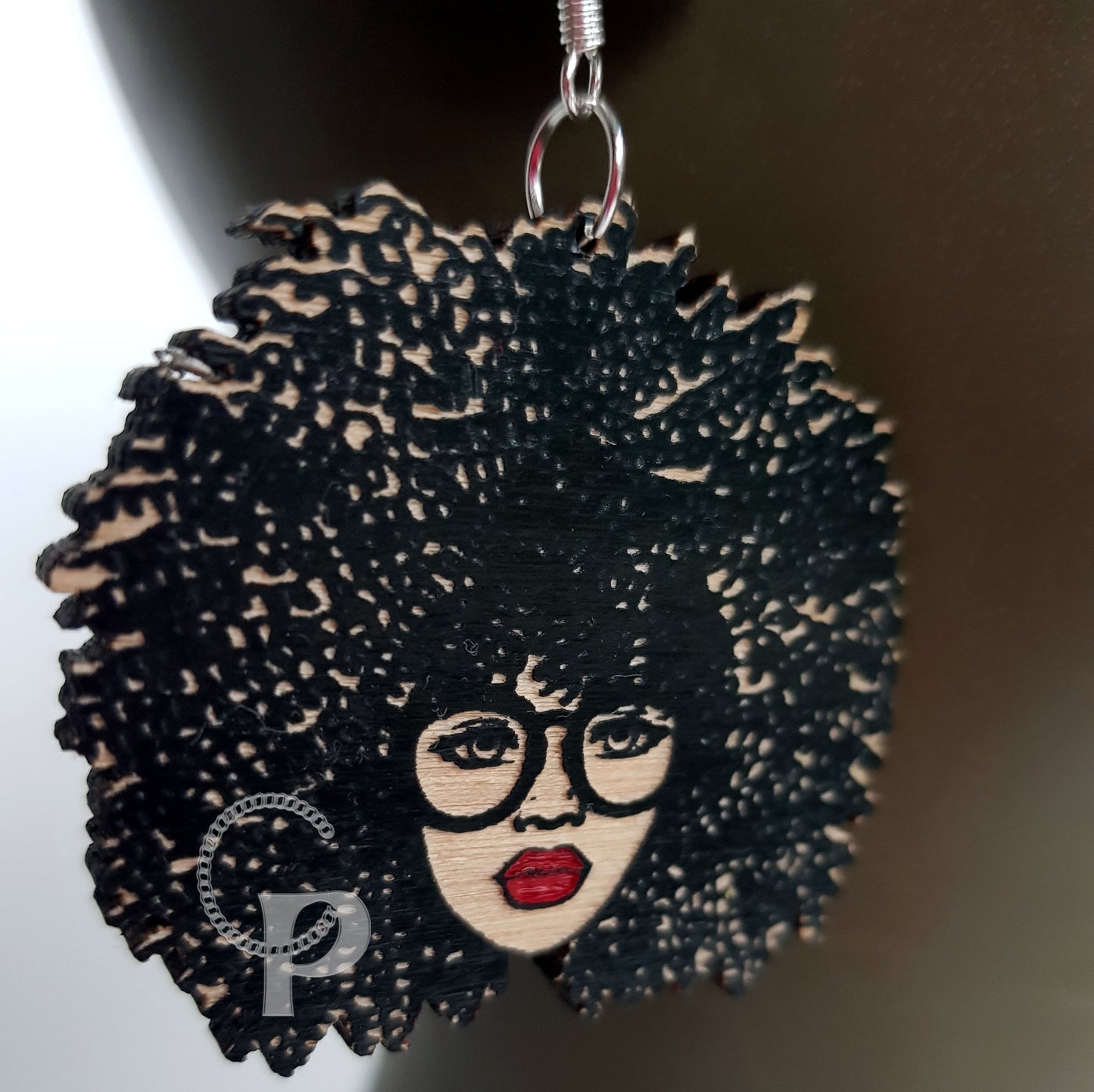 African woman Afro silhouette wooden engraved natural hair coils glasses earrings black with red lips
