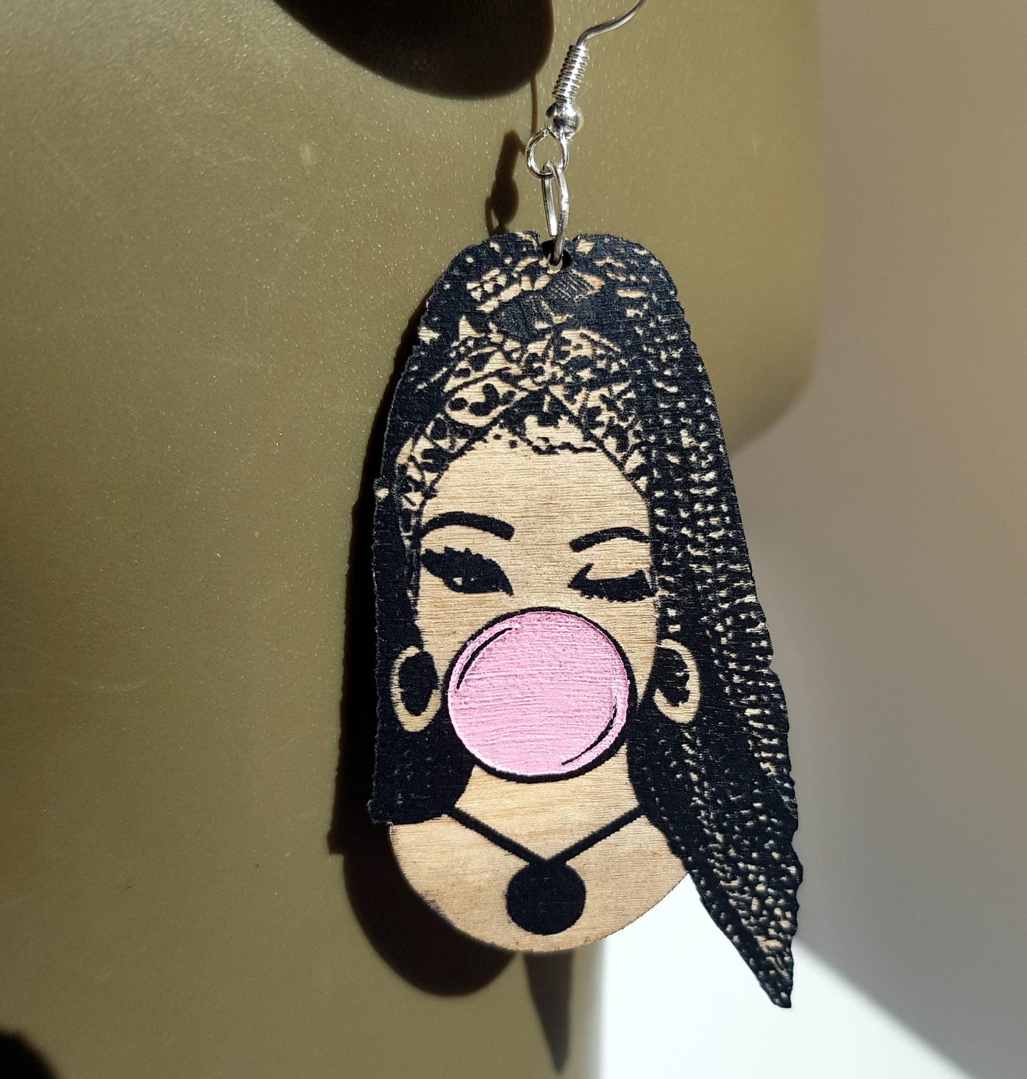 African earrings for woman Afro silhouette wooden engraved natural hair girl with a buble gum