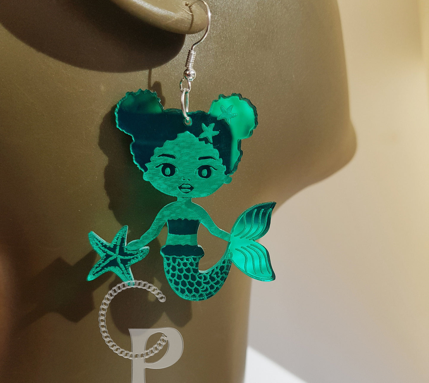African earrings mirror Afro mermaid silhouette girls acrylic engraved natural hair coils gold, silver pink, blue, green