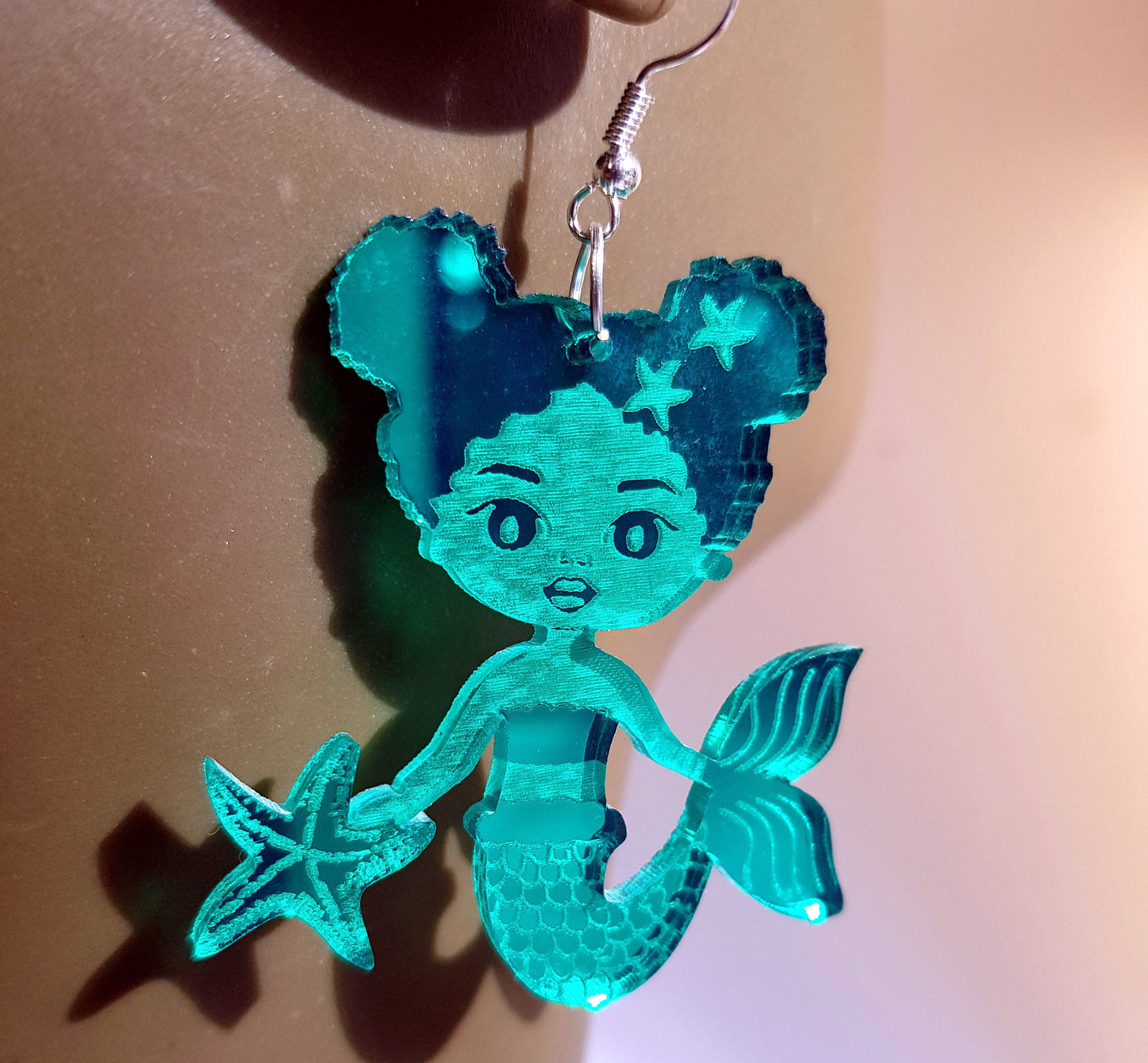 African earrings mirror Afro mermaid silhouette girls acrylic engraved natural hair coils gold, silver pink, blue, green
