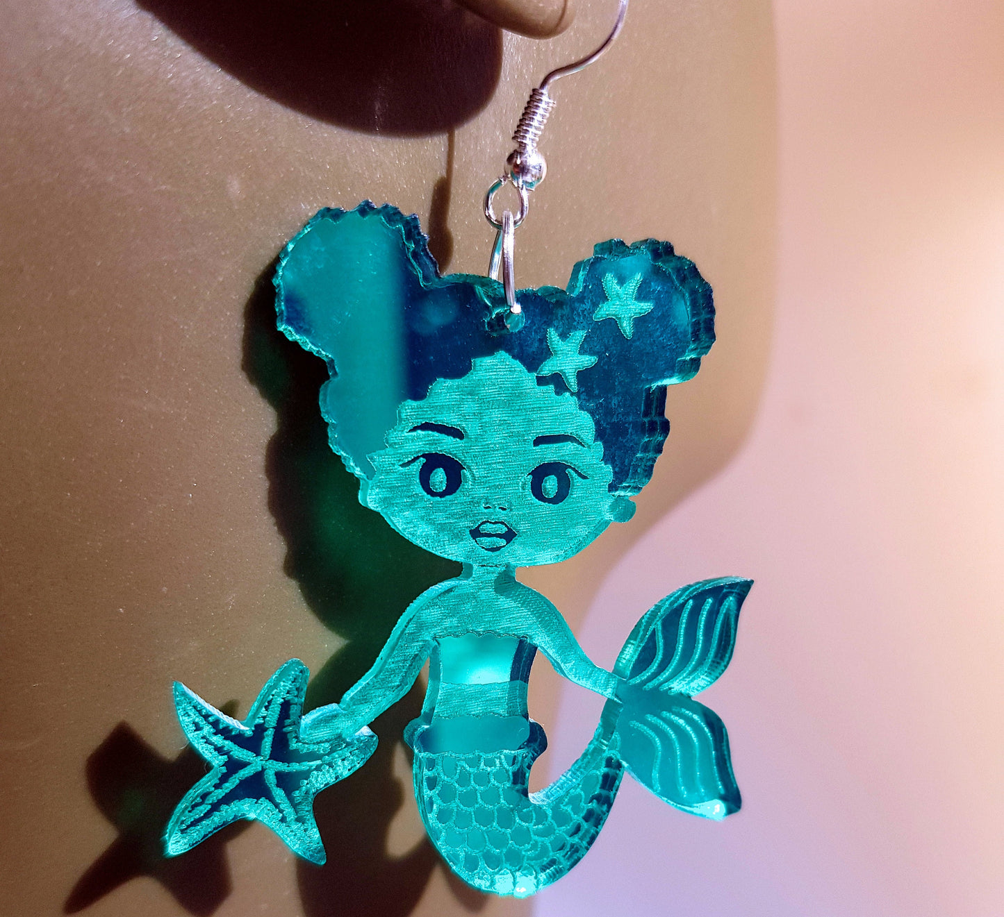 African earrings mirror Afro mermaid silhouette girls acrylic engraved natural hair coils gold, silver pink, blue, green