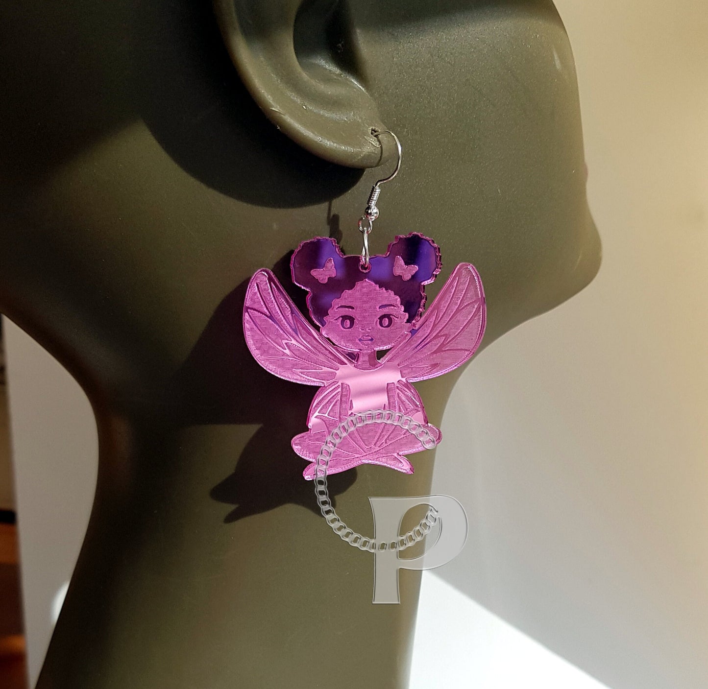 African earrings mirror Afro butterfly silhouette girls acrylic engraved natural hair coils gold, silver pink, blue, green