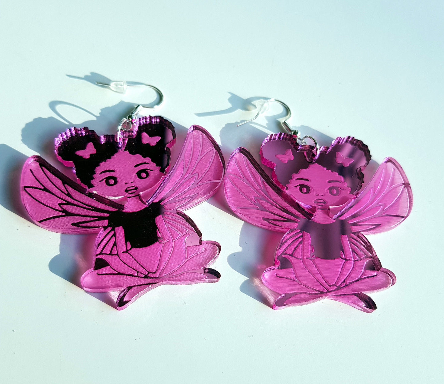 African earrings mirror Afro butterfly silhouette girls acrylic engraved natural hair coils gold, silver pink, blue, green