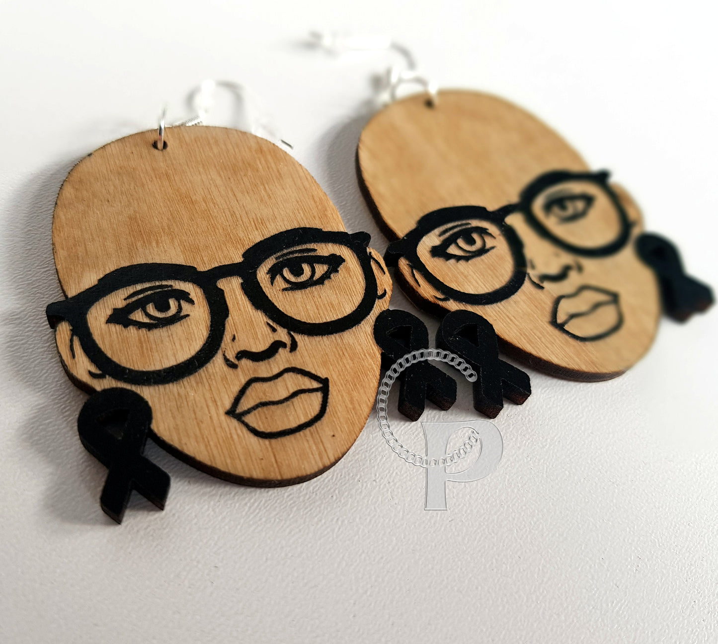 African earrings bald woman cancer awareness ribbon wooden and double sided Afrocentric jewelry with glasses in black