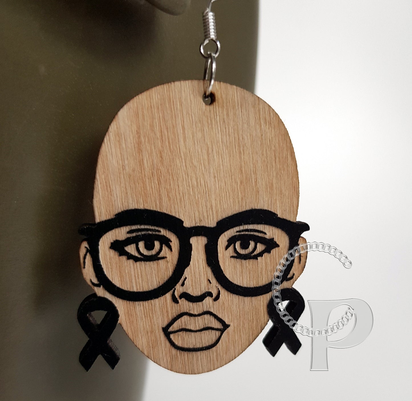 African earrings bald woman cancer awareness ribbon wooden and double sided Afrocentric jewelry with glasses in black