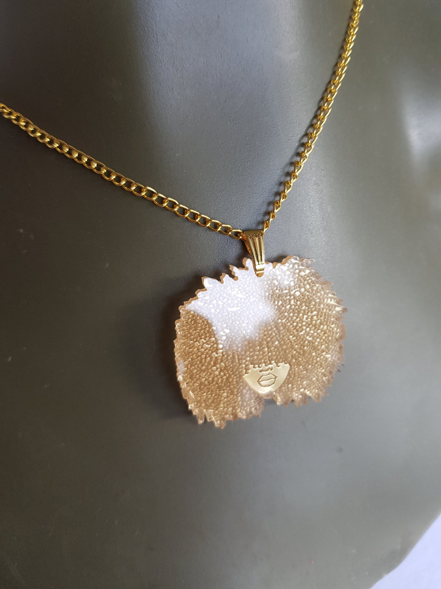 African necklace gold mirror pendant with Afro silhouette woman acrylic engraved natural hair coils