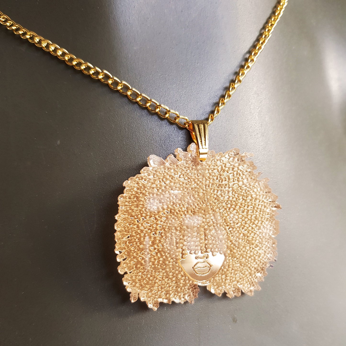 African necklace gold mirror pendant with Afro silhouette woman acrylic engraved natural hair coils