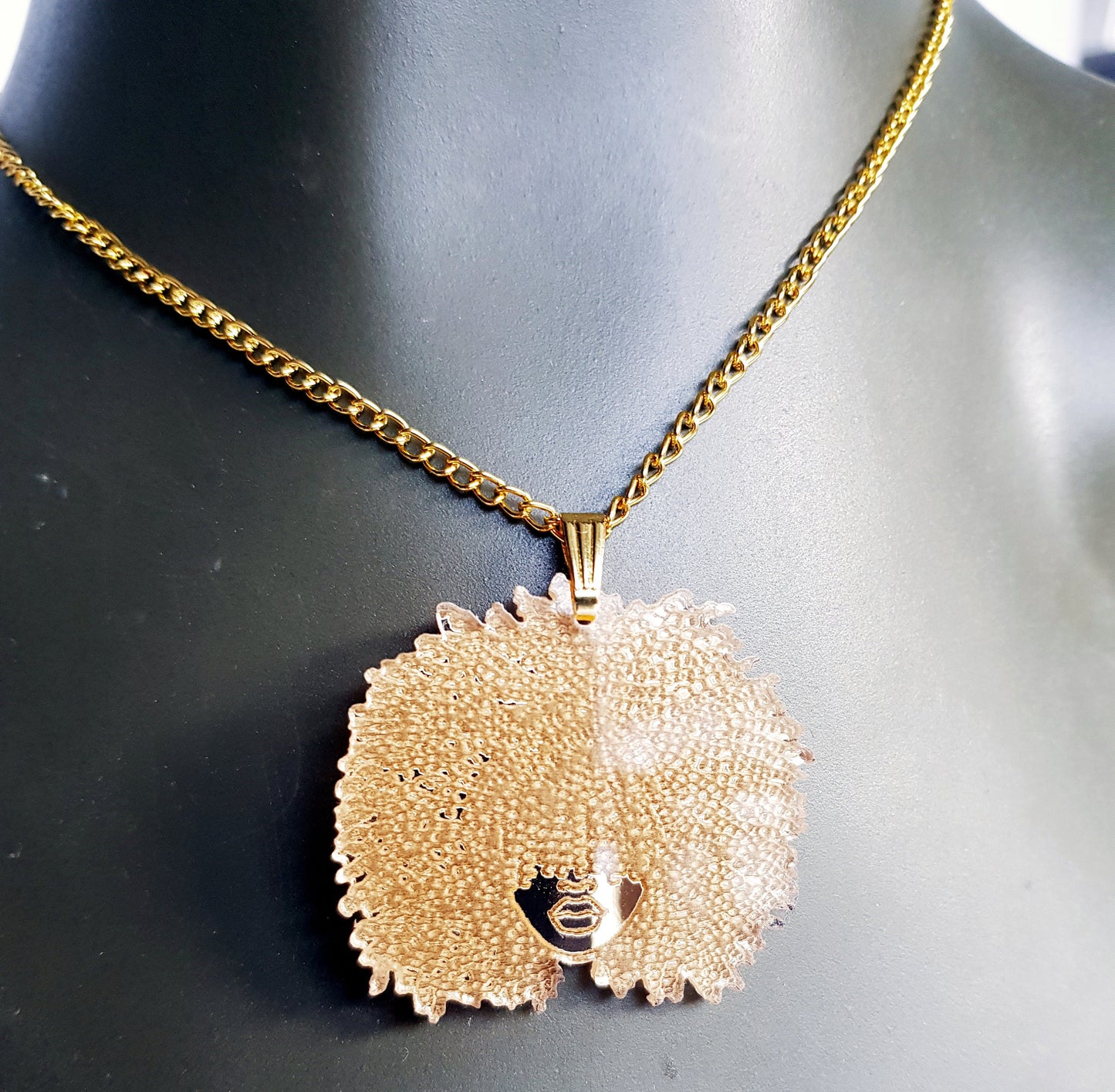 African necklace gold mirror pendant with Afro silhouette woman acrylic engraved natural hair coils