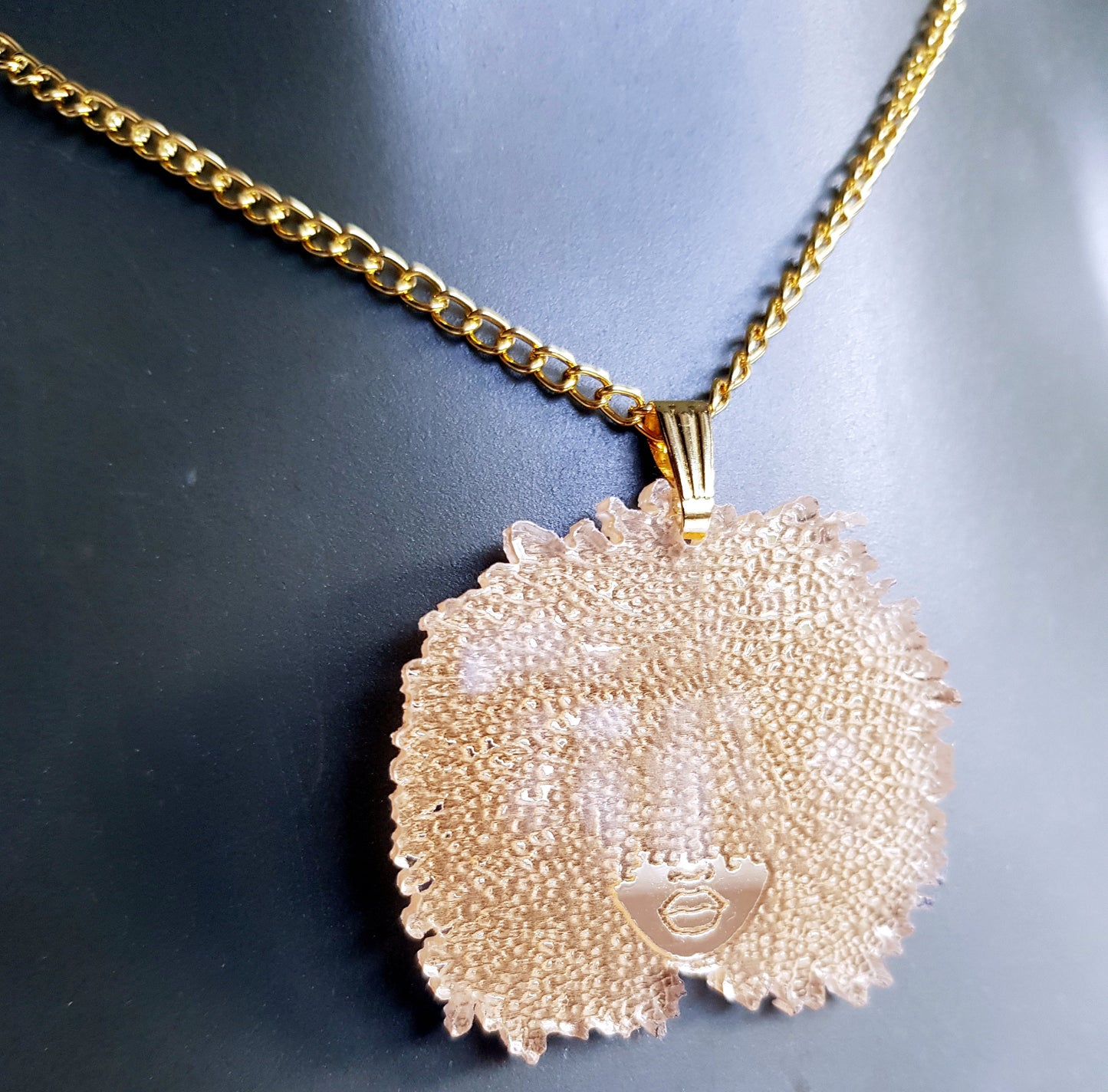 African necklace gold mirror pendant with Afro silhouette woman acrylic engraved natural hair coils