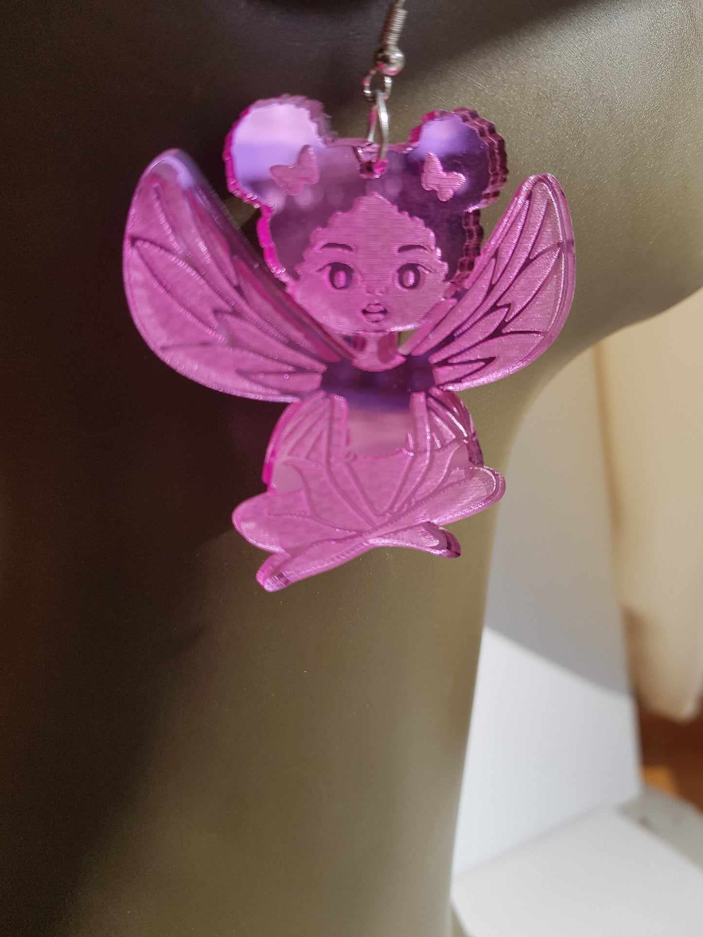 African earrings mirror Afro butterfly silhouette girls acrylic engraved natural hair coils gold, silver pink, blue, green