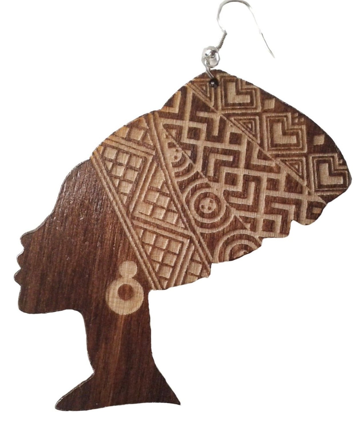 African woman head wrap silhouette wooden engraved earrings