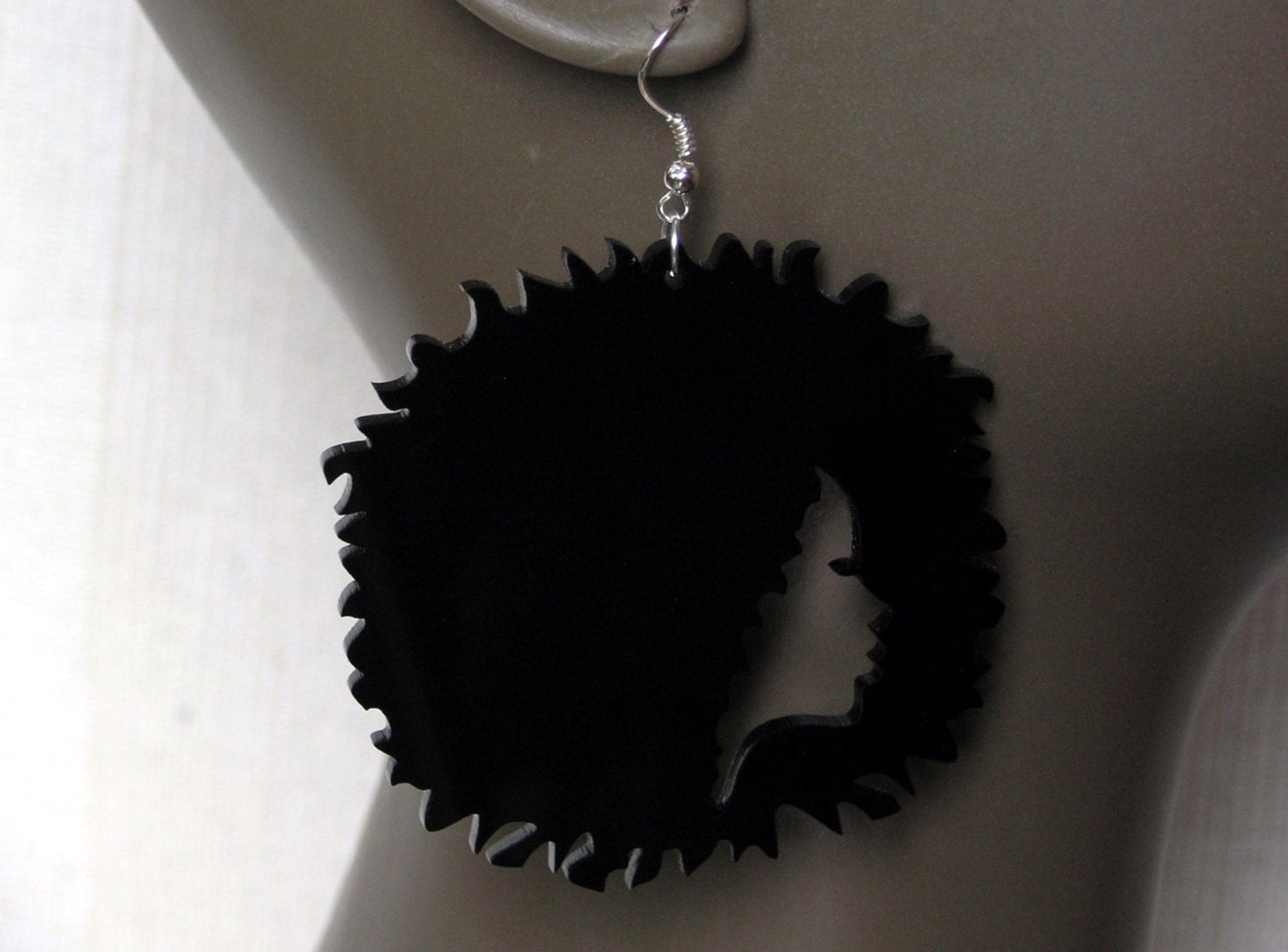 Laser cut acrylic Afro silhouette earrings in black African woman sihouette original design