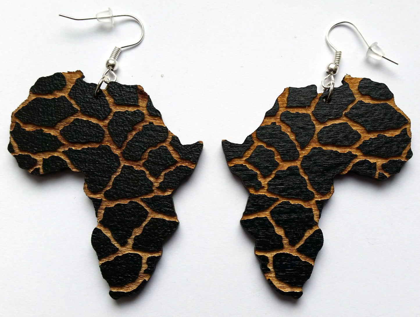 Africa wooden earrings black with animal print, African map engraved giraffe pattern